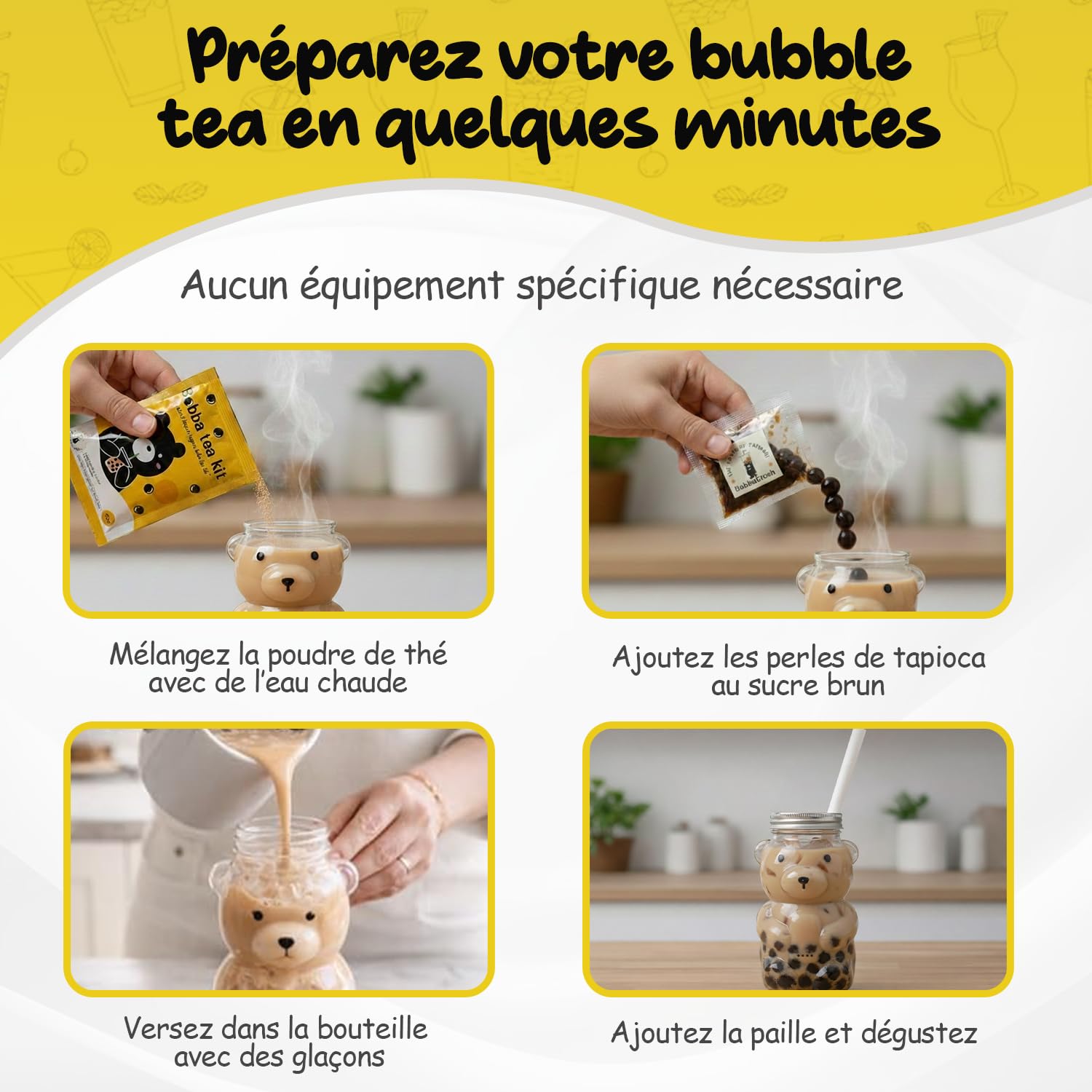 Kit Bubble Tea Complet - Bubble Tea Maison avec Perles de Tapioca Saveur Sucre Roux
