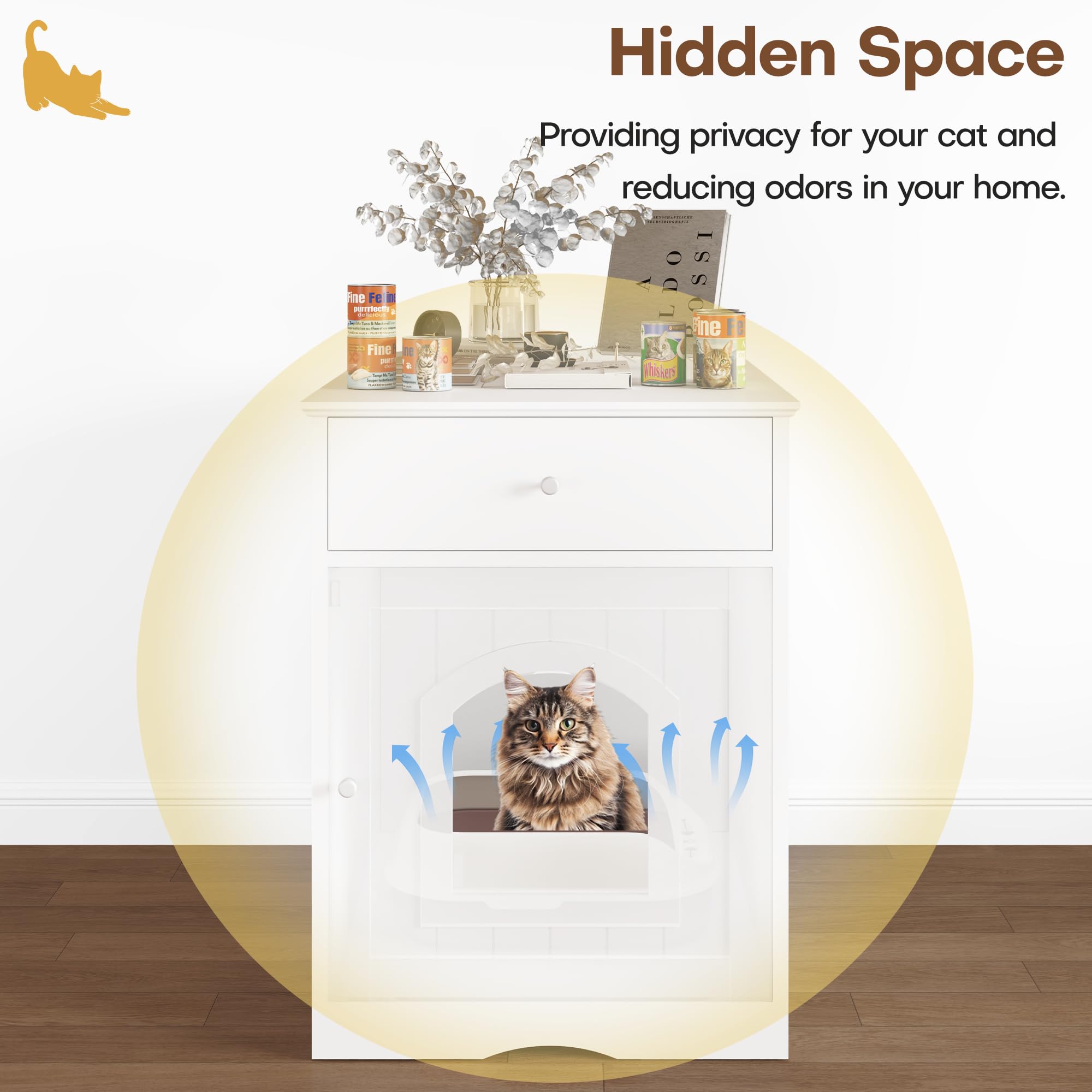 Litter Box Enclosure, Hidden Cat Litter Box Cabinet with Drawer, Wooden Pet Crate, Litter Box Furniture as Cat House, End Table, Fit Most of Litter Box (White) - image 3