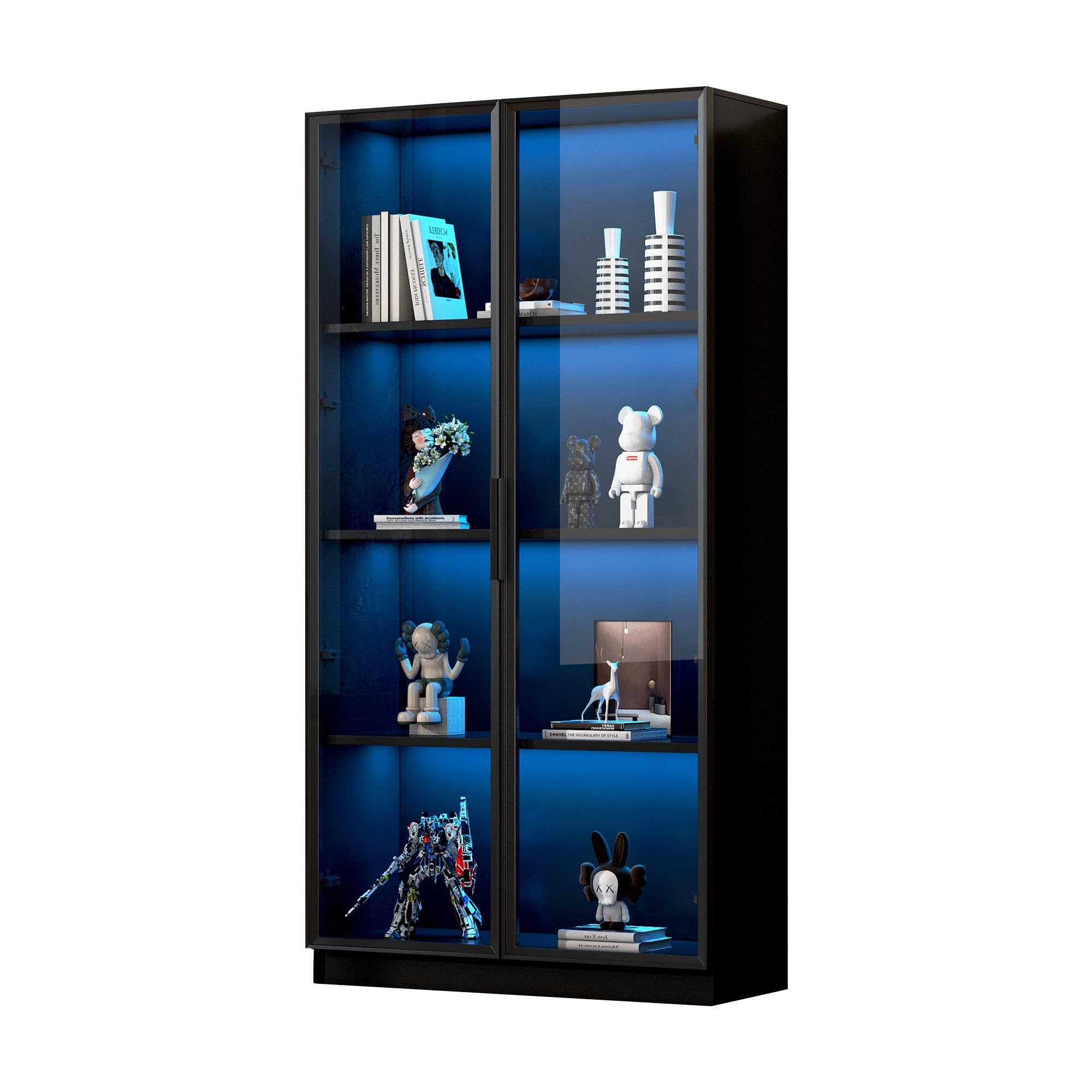 Glasvitrine mit APP LED Beleuchtung 80x40x160cm | Doppeltürige Standvitrine Schwarz | Wohnzimmer Vitrinenschrank | Verstellbare Böden | Smart Home Deko (Black-B)