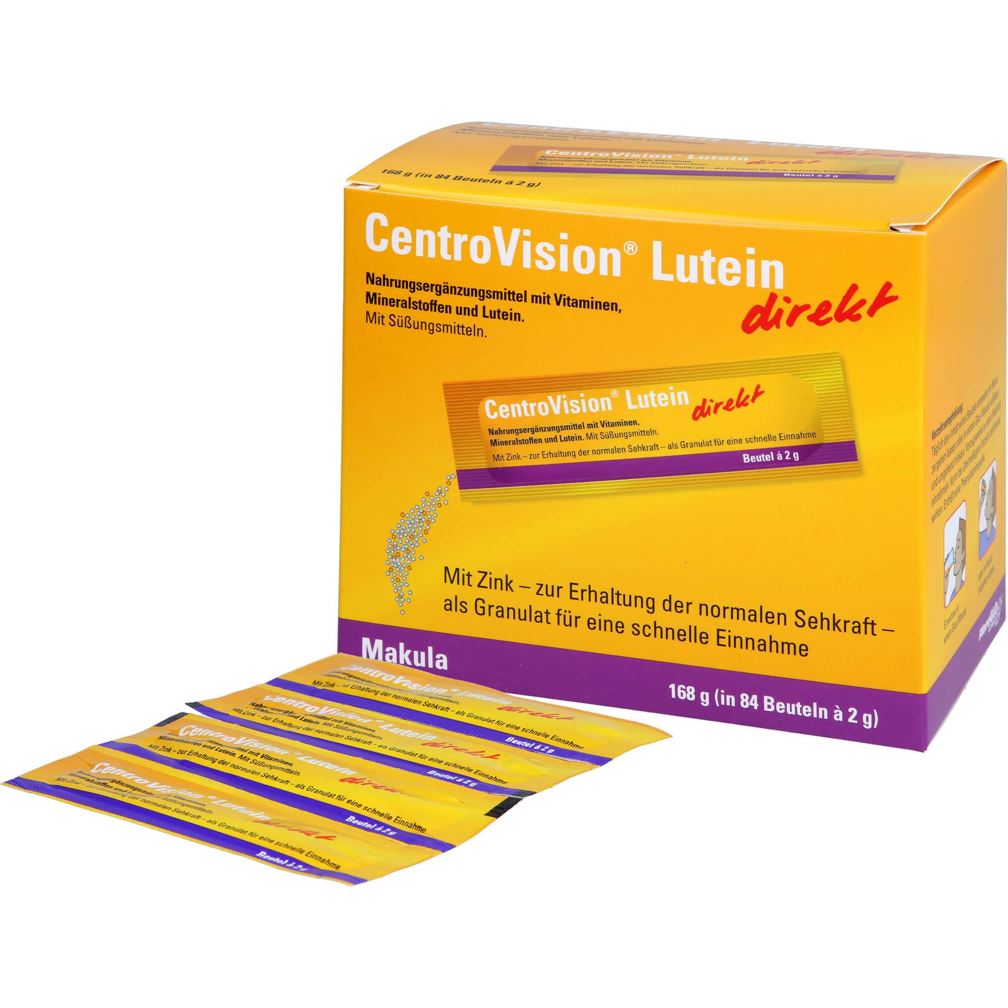 CentroVision Lutein direkt – Granulat mit einer Mikronährstoffkombination aus Lutein und Zeaxanthin, Nahrungsergänzung für die Augen mit essentiellen Vitaminen & Mineralstoffen, laktosefrei, 84 St.