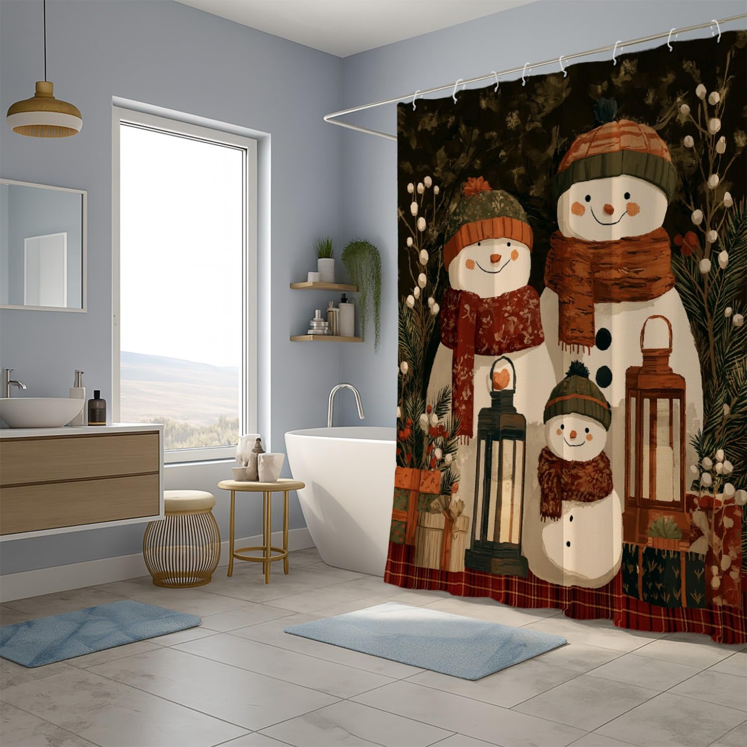 Generico Zasłona prysznicowa 240 x 200 cm, 1 sztuka, miękka mikrofibra, wodoodporna i odporna na pleśń, zmywalna, do łazienki lub wanny, z oczkami i haczykami, Siena, bałwan latarnia
