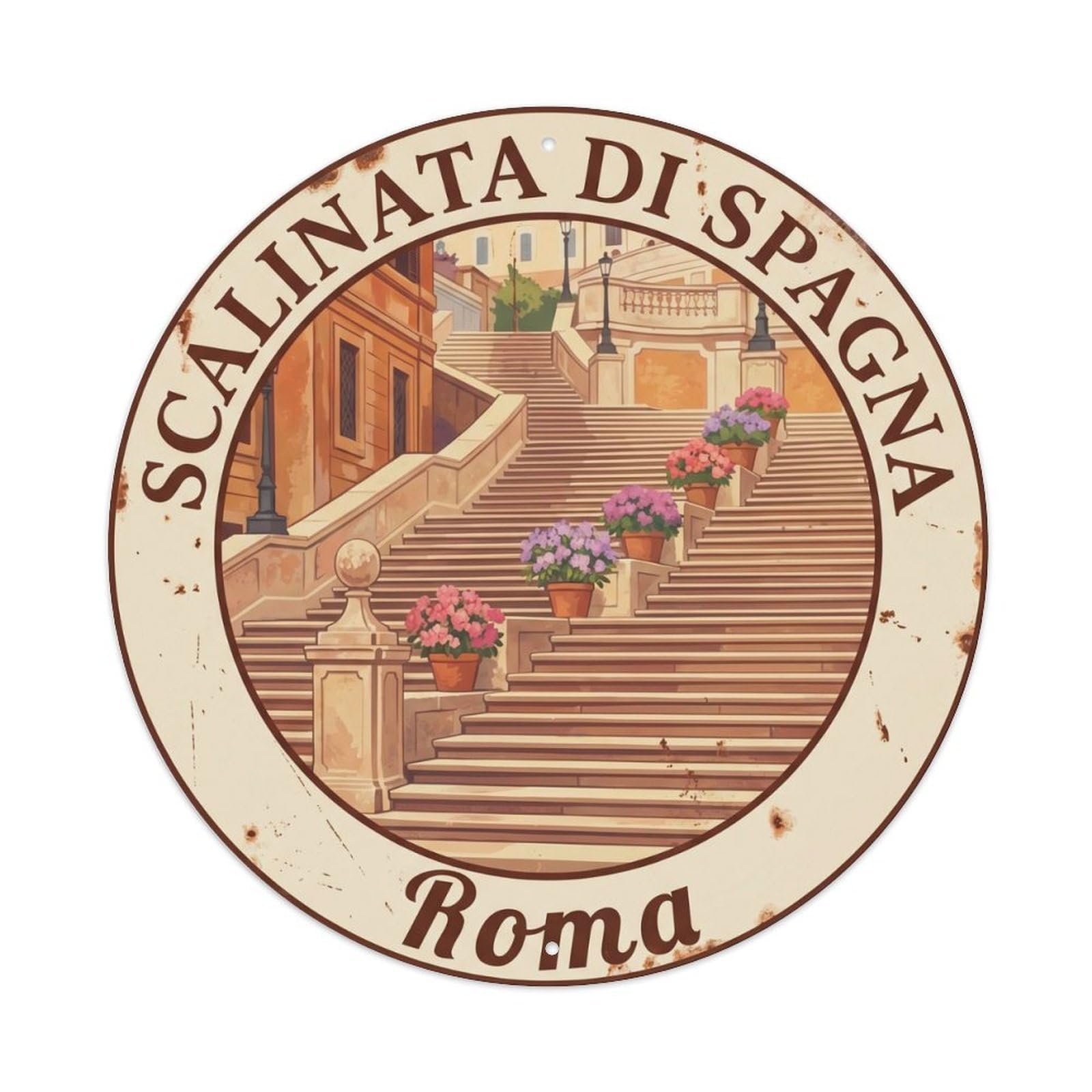 Vintage Travel Spanish Steps Rome Metal Tin Sign Plaque Wall Decor for Cafe, Club Bar, Office, Home Garden Round Metal Poster 8x8Inch