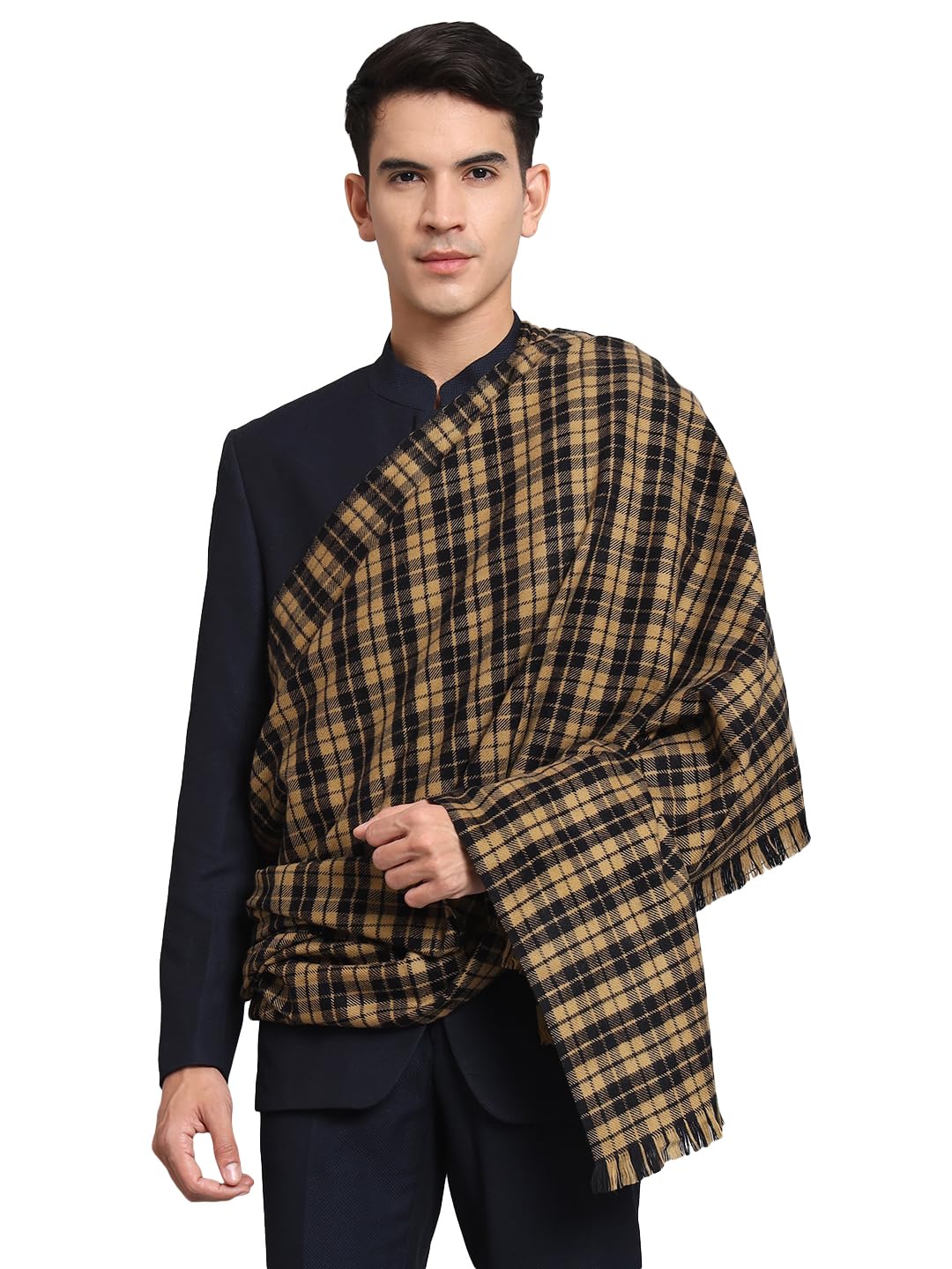 Ravaiyaa - Attitude is everything Men's Meditation Wool Lohi, Gents Winter Shawls, Check Pattern Long Stoles for Gift (Beige & Black)-image-16