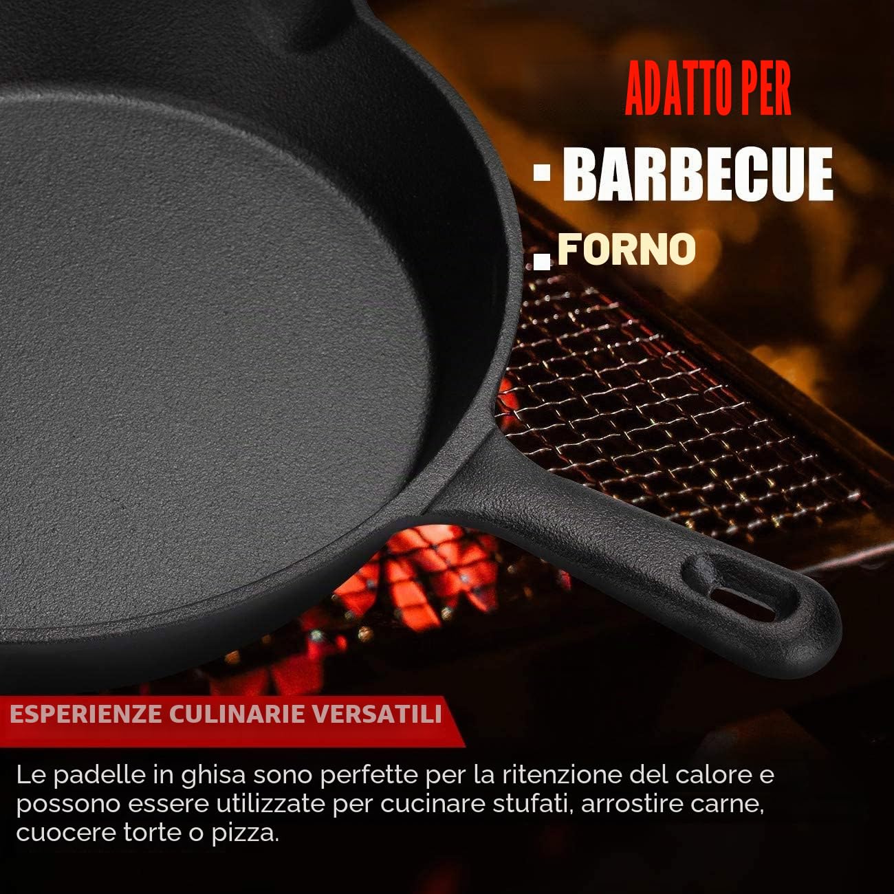 OVERMONT Padella in Ghisa Pre-stagionato - Pentola Utensili da Cucina con Manico per Interni ed Esterni- per Griglia Friggere Fornelli Barbecue Falò - Varie Dimensioni Nero - Rotondo