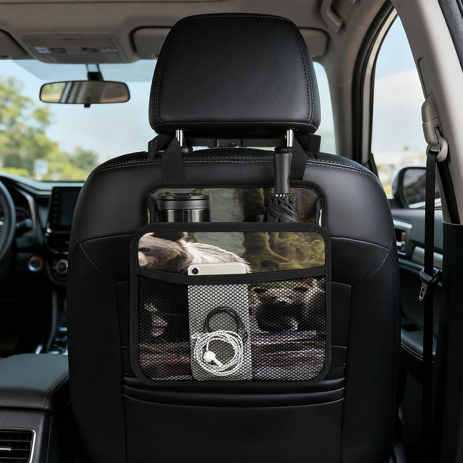 Mother Bear And Her Cubs Car Backseat Organizer with Clear Tablet Holder, Multi Pockets Waterproof Oxford Kick Mat Storage Bag, Universal Auto Seat Back Storage Caddy for Drinks Travel Essentials