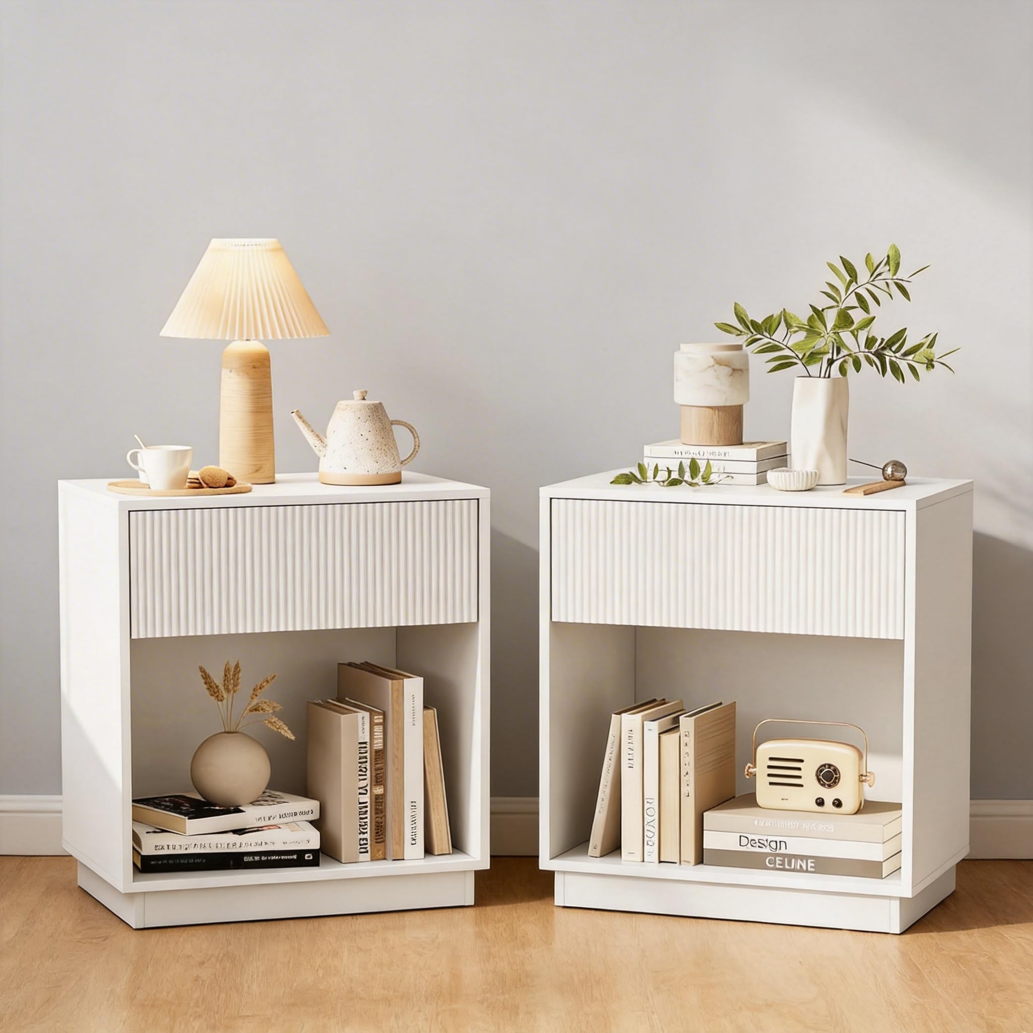 fluted nightstands set of 2, modern bedside table with drawer and storage shelf, wood end table mid century night stands for bedroom living room sofa couch office (white)
