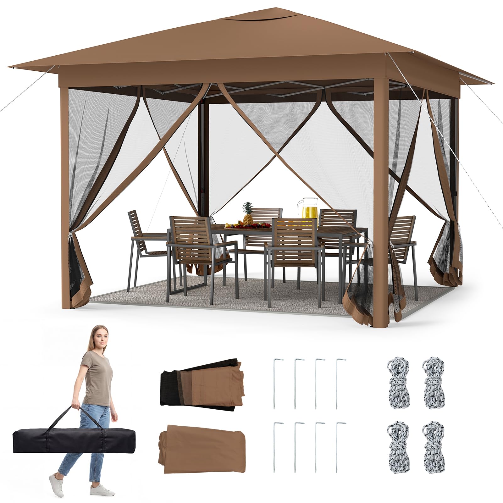 COSTWAY Pop up Gazebo, UPF50+ Sun-Protective Height Adjustable Pavilion Canopy Tent with Vented Top and Carry Bag, Large Marquee Party Tent Sun Shelter (Brown, 3.5m, with Mesh Netting)