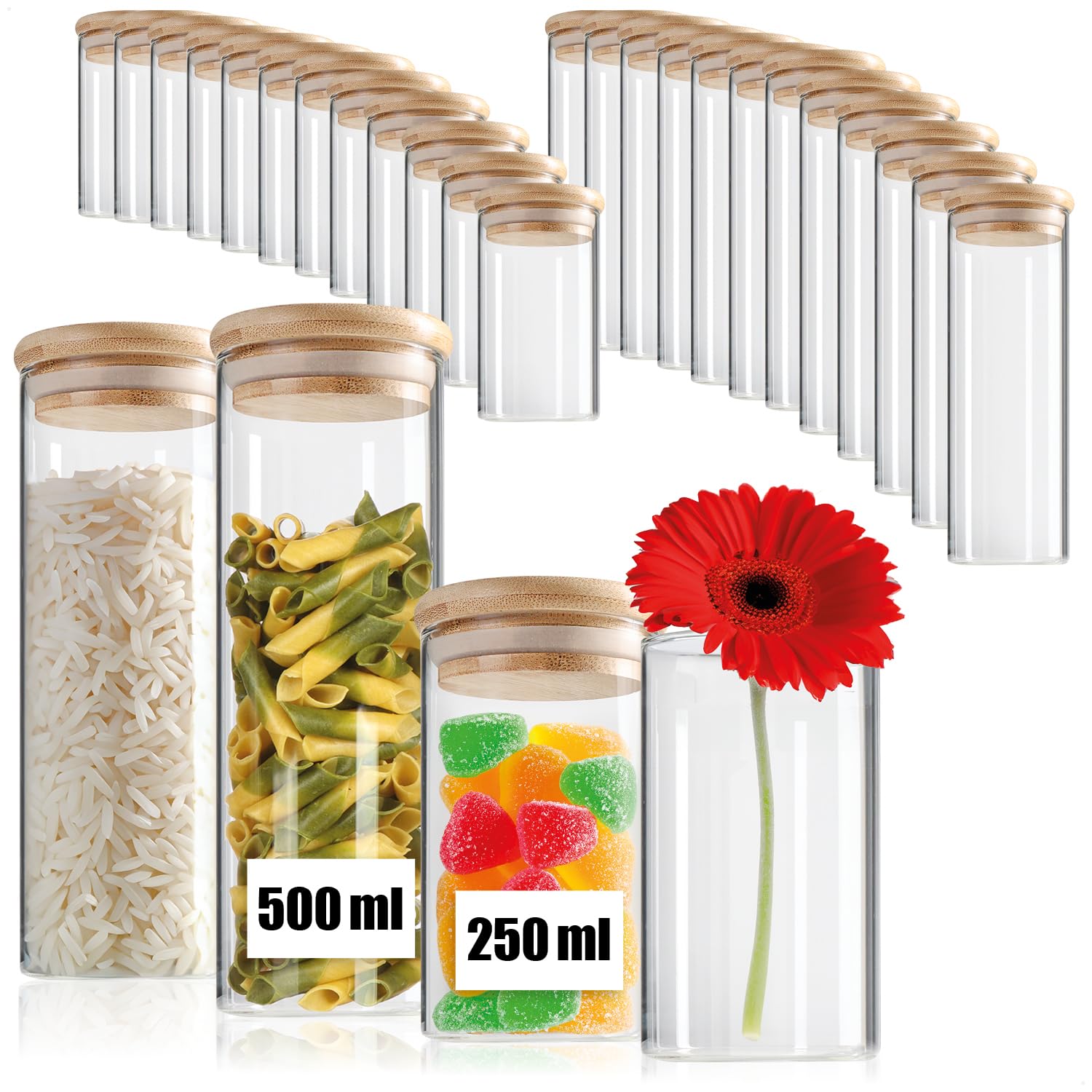 com-four® 24-teiliges Vorratsdosen-Set mit Bambus-Deckel - Borosilikatglas Vorratsgläser für Lebensmittel und Gewürze - Luftdichte Aufbewahrung - 0,25L / 0,5L