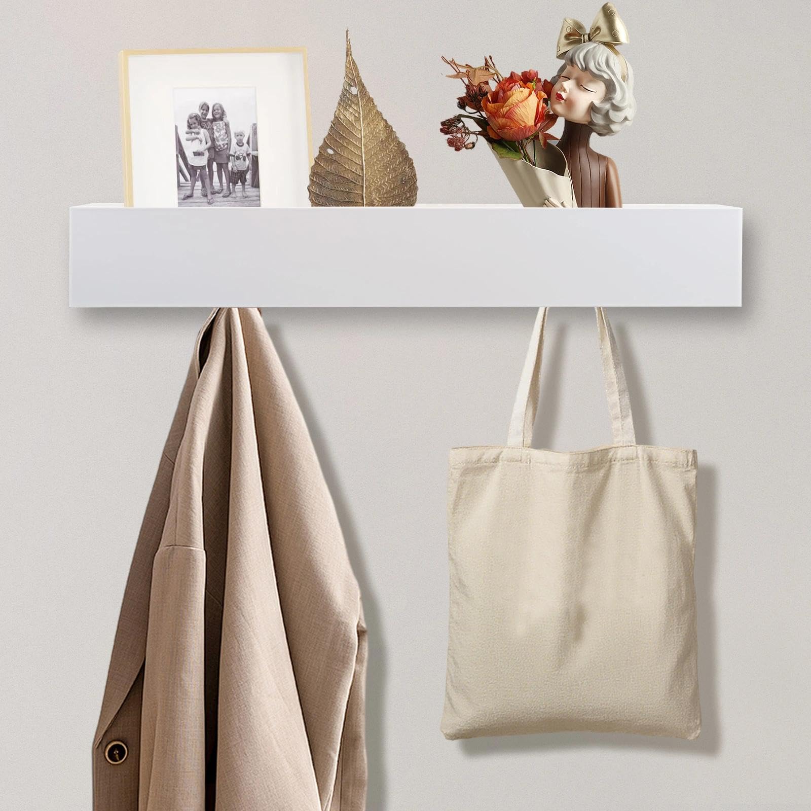 LINTRA Jackenhalter Wand, Wandmontierter Wandgarderobe mit Ablage, Weiß Hakenleiste Garderobe, mit 5 Verdeckten Haken und Holzablage, für Schlafzimmer, Flur und Wohnzimmer
