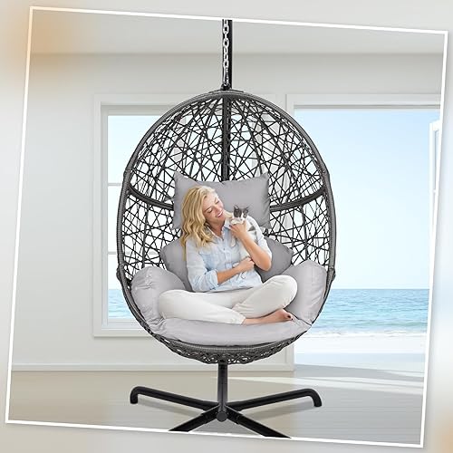 Miniatura 7 de BULEXYARD Silla columpio de gran tamaño con soporte para interiores y exteriores, mimbre de polietileno, cesta de patio, silla colgante grande con