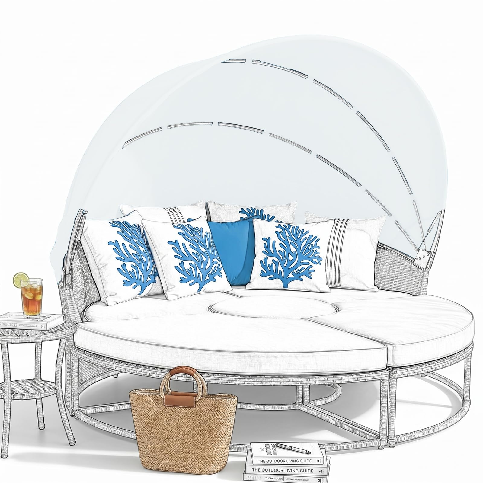 Replacement Canopy for Patio Round Daybed Applicable to Dia 160-180cm, Retractable Top Cover for Outdoor Sunbed, Sun-Resistant and Water-Repellent, Quick Installation (Pure White, Dia160~180cm)