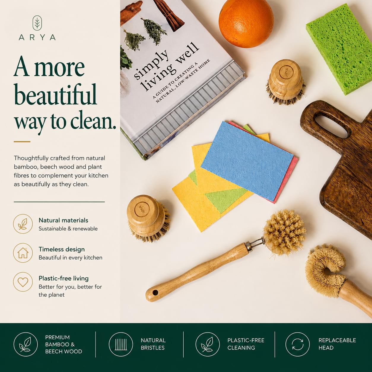 ARYA Spülbürste & Schwamm Set aus Holz - Eco Spülbürste mit austauschbarem Kopf, Flaschenreinigungsbürste, 2 Bambus-Topfbürsten & 6 natürliche Zellulose-Pop-Up-Schwämme für die Küchenreinigung