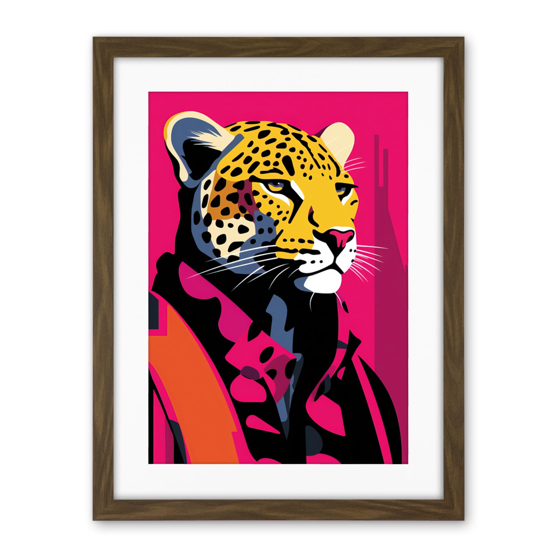 Artery8 Strong Leopard in Suit Bold Artwork Orange Pop Art Hot Pink Vibrant Portrait Artwork Framed Wall Art Print 18X24 Inch