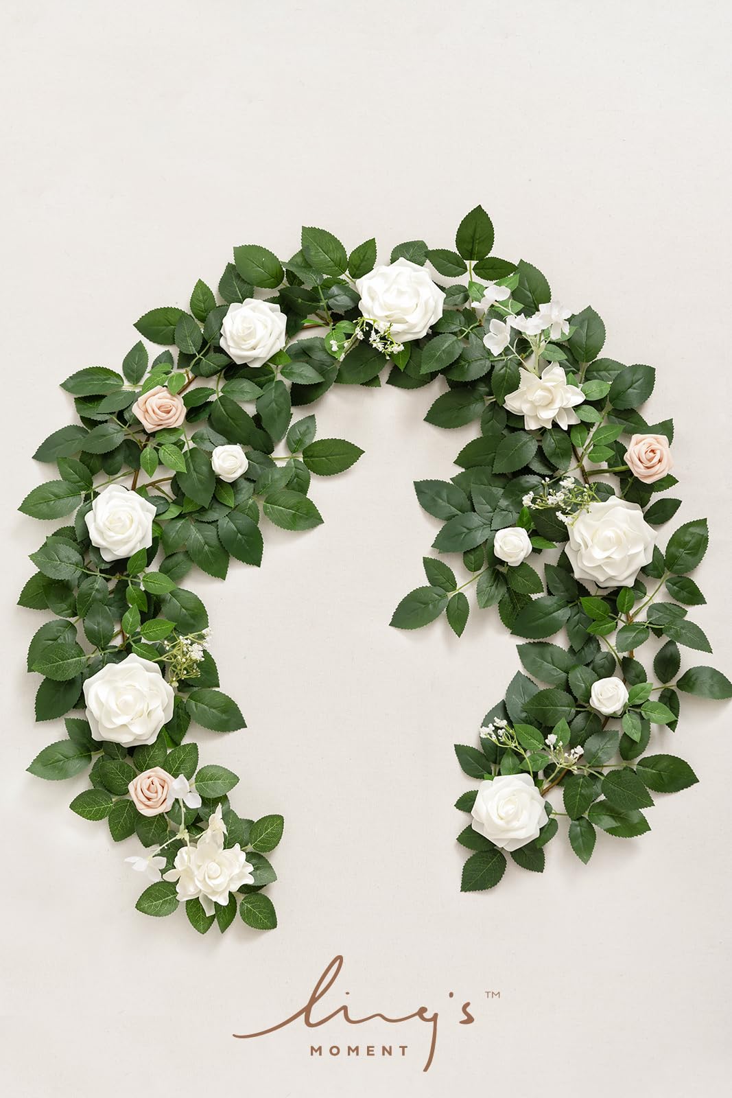 Ling's Moment 5FT weiße künstliche Blume Girlande gefälschte Rose grüne Blätter Blumen Girlande Bogen Blumen Rebe für Hochzeit Party Hintergrund Dekor Kaminsims Home Tisch
