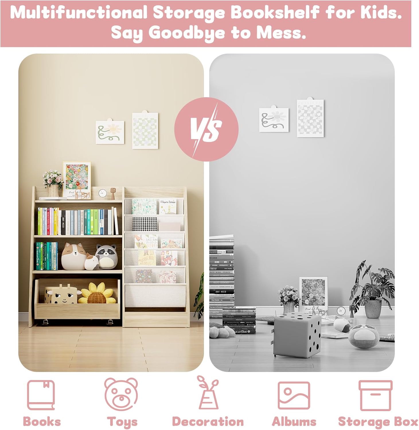 COZPAW Kids Bookshelf and Toy Storage, 4 Tier Toddler Bookshelf with Movable Drawer 5 Sling Pockets, Montessori Book Shelf for Kids Room, Playroom, Nursery (Oak) - Image 6