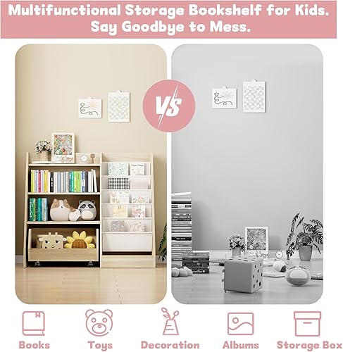 Miniatura 6 de COZPAW Estantería para niños y almacenamiento de juguetes, estantería para niños pequeños de 4 niveles con cajón móvil, 5 bolsillos de eslinga,