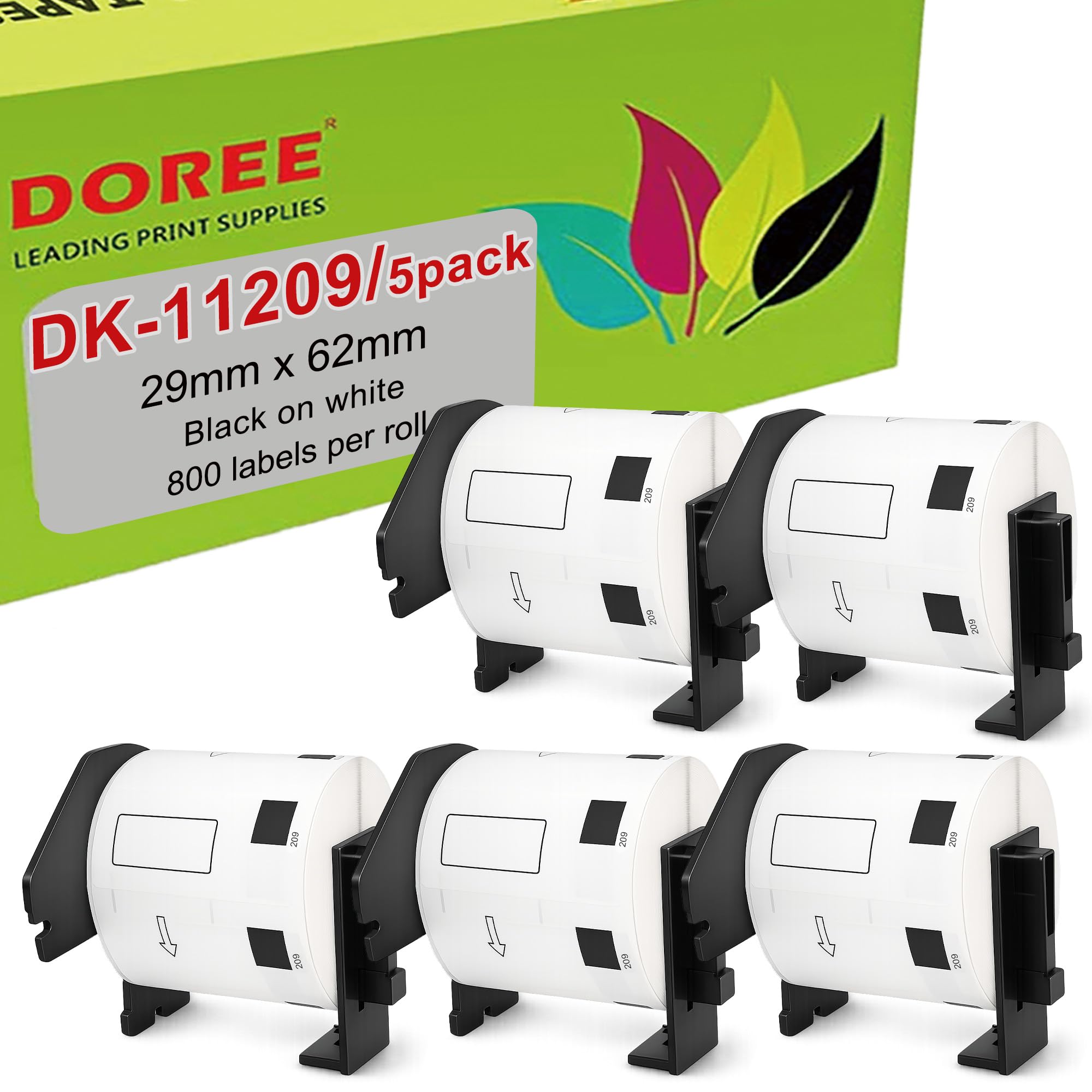 DOREE 5 Rotoli DK-11209 Etichette per indirizzi, 29 x 62 mm, 800 etichette/rotolo compatibili con Brother DK 11209, Per Brother QL-500,QL-500BW,QL-570,QL-580,QL-700,QL-710W,QL-800,QL-810W,QL-820NWB