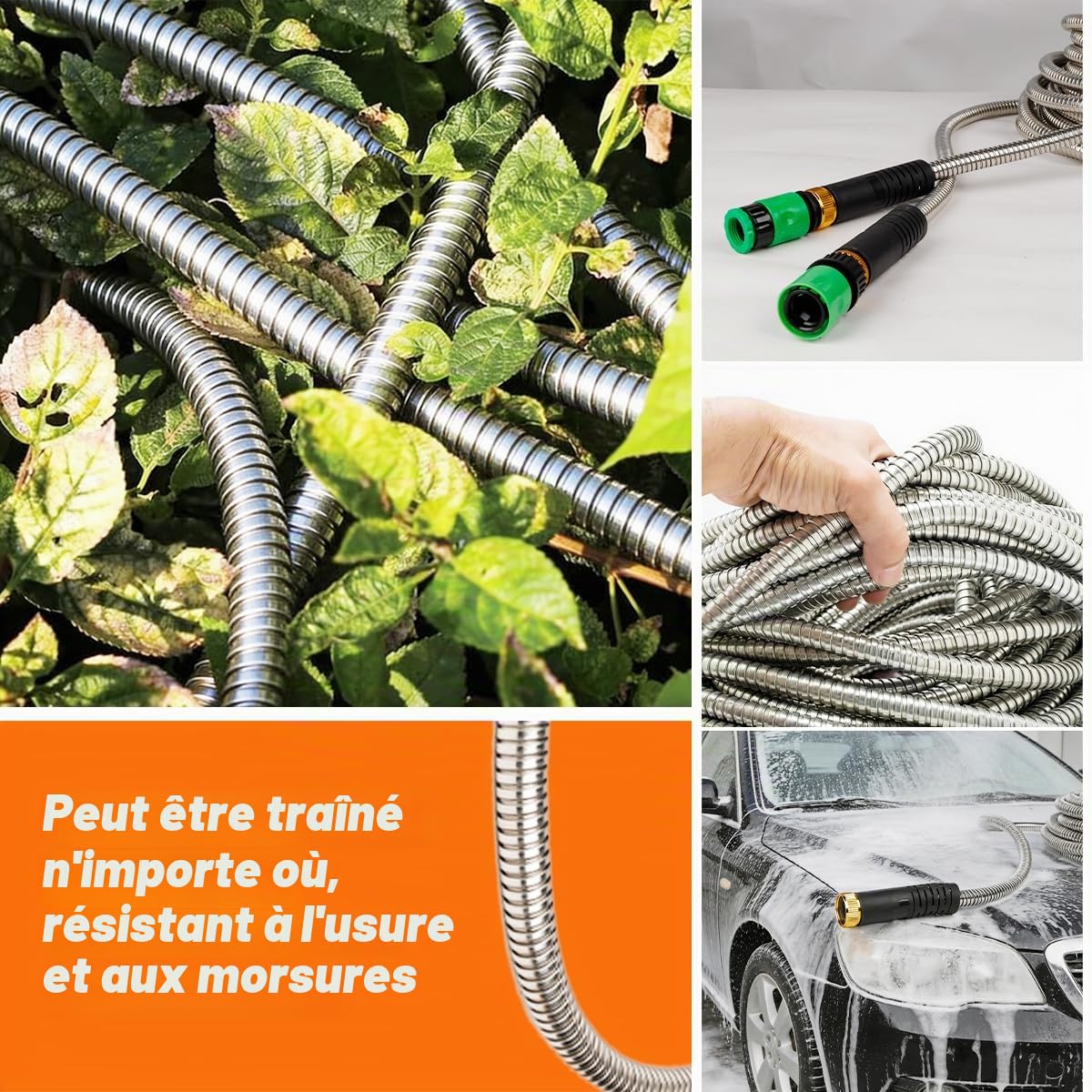 HERZO Tuyau d'arrosage en acier inoxydable 15 m, tuyau d'eau flexible en métal, sans pli, léger, avec raccords robustes, adapté pour l'arrosage de jardin, le lavage de voiture et le nettoyage