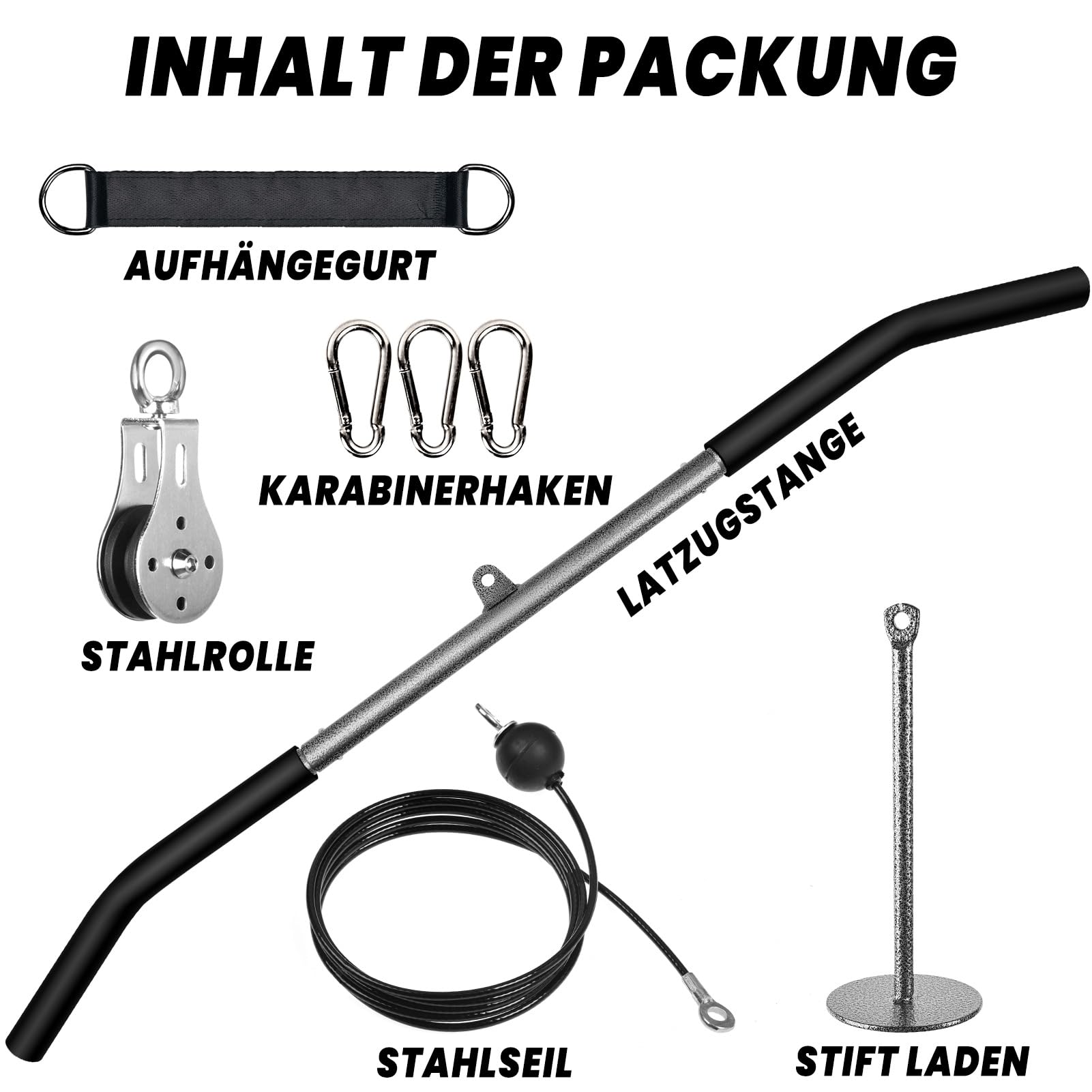 Kabelzug Fitness Latzug Gym Kabel mit 100cm Latzugstange, Fitness Kabelzug Set Trainer Trizeps Bizeps Rücken Arm Trainingsgerät Latzugturm Kabelturm Sportgeräte Home Gym Workout Zuhause