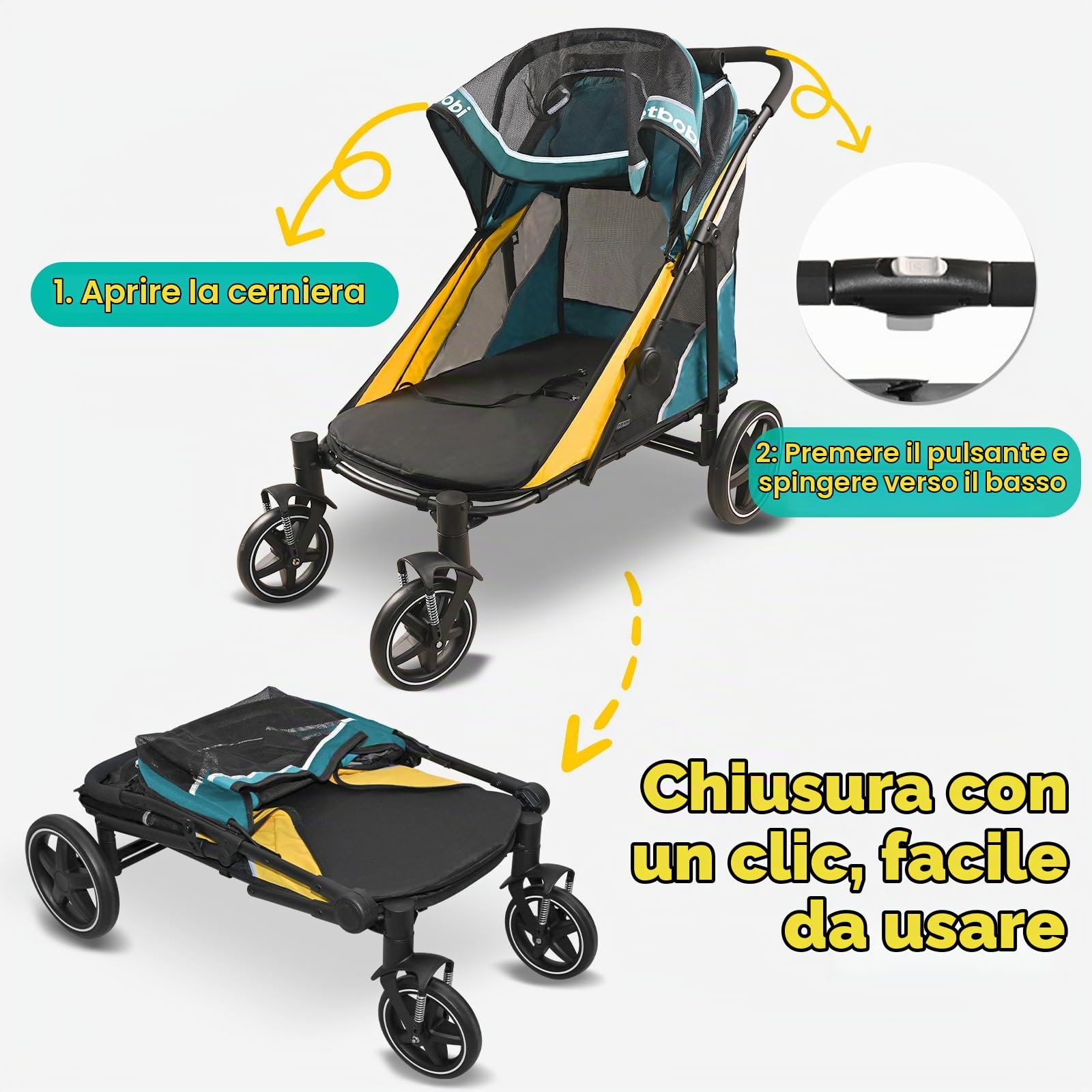Petbobi Passeggino per cani di taglia grande e media – Passeggino per animali domestici a doppio ingresso facile da piegare con freno a un piede, carrello per tutti i terreni con rete d'aria, ideale