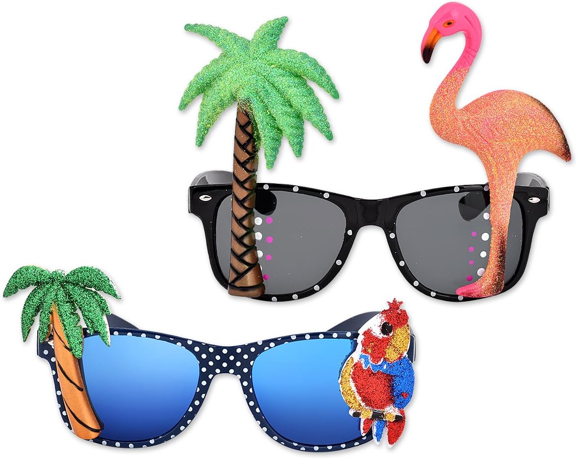 2 Pieces Hawaiian Tropical Novelty Sunglasses Flamingo Parrot Tree Party Glasses Eyewear for Fancy Dress