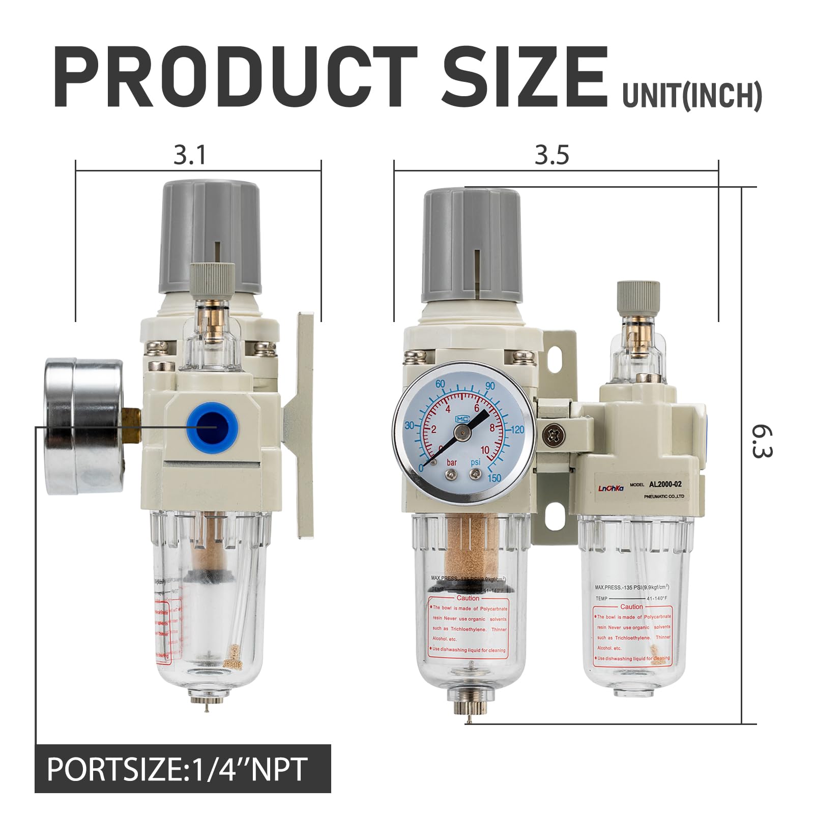 Regolatore di pressione dell'aria con manometro (0-150 PSI), separatore d'acqua per compressore d'aria, drenaggio semiautomatico 1/4 NPT interfaccia filettata