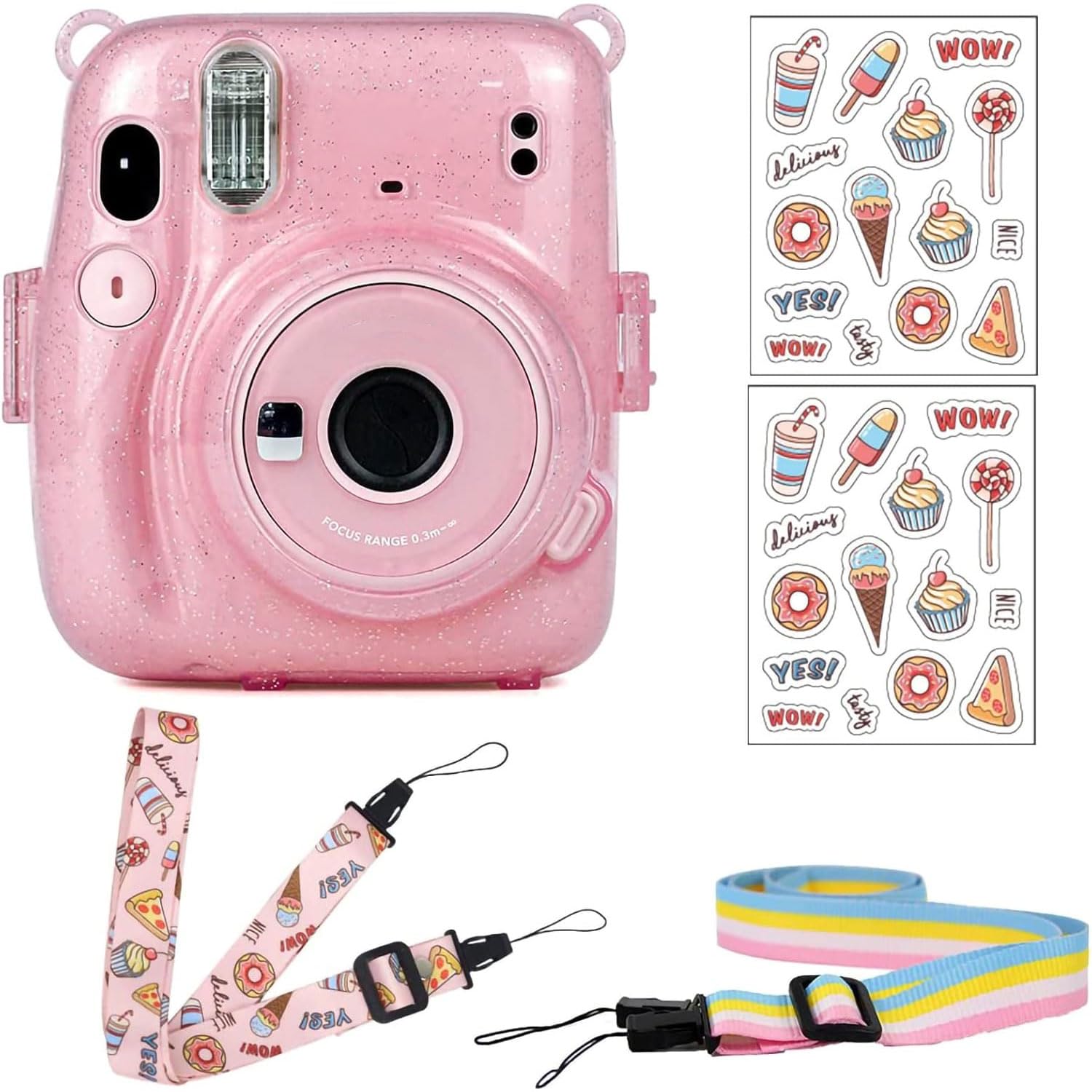 Clear Protective Case for Fujifilm Instax Mini 11 Instant Camera With Colored Shoulder Straps (Glitter Pink2)