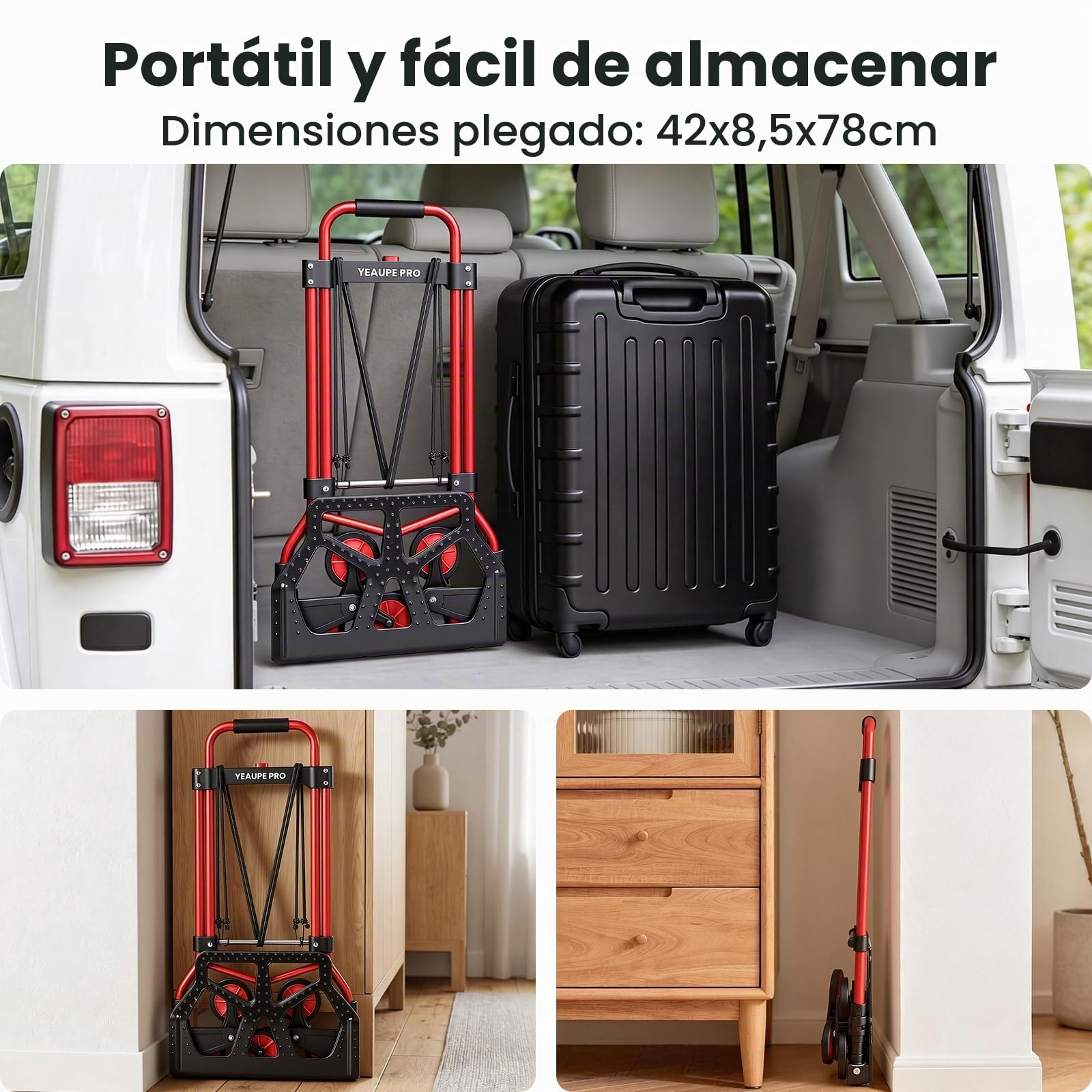 YEAUPE PRO Carretilla de Mano Plegable Escaleras 50 kg Rojo | Ruedas TPR grandes, mango telescópico regulable y 2 cuerdas incluidas para subir escaleras, mudanzas y transporte
