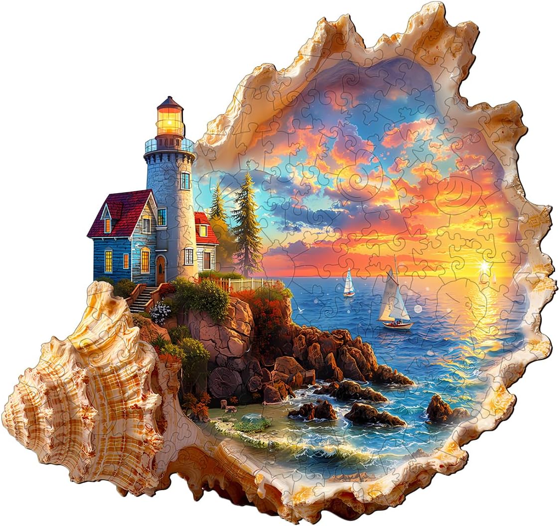 Wooden Puzzles for Adults - Sunset by The Seaside Wooden Puzzle, Unique Shape Wood Jigsaw Puzzle for Adults, Conch Wood Puzzles Adult, Gifts for Family, Wall Art Home Decor (210pcs 13.4 * 12.6in L)