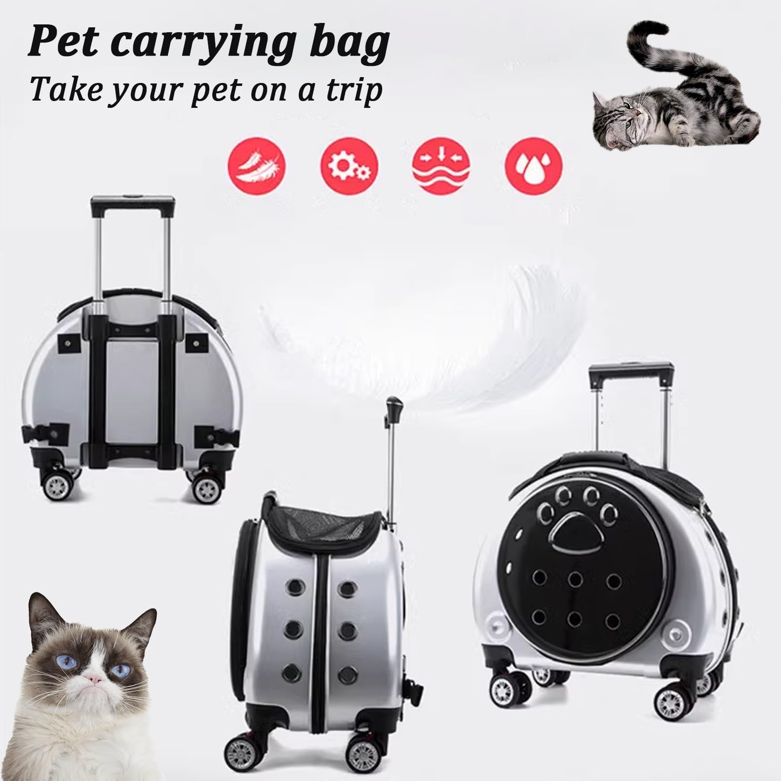 Mochila Perro, Transportin Gato con Ruedas y Varilla Telescópica, Diseño Ventilado para Viajes, Senderismo y Uso al Aire Libre(Rose)