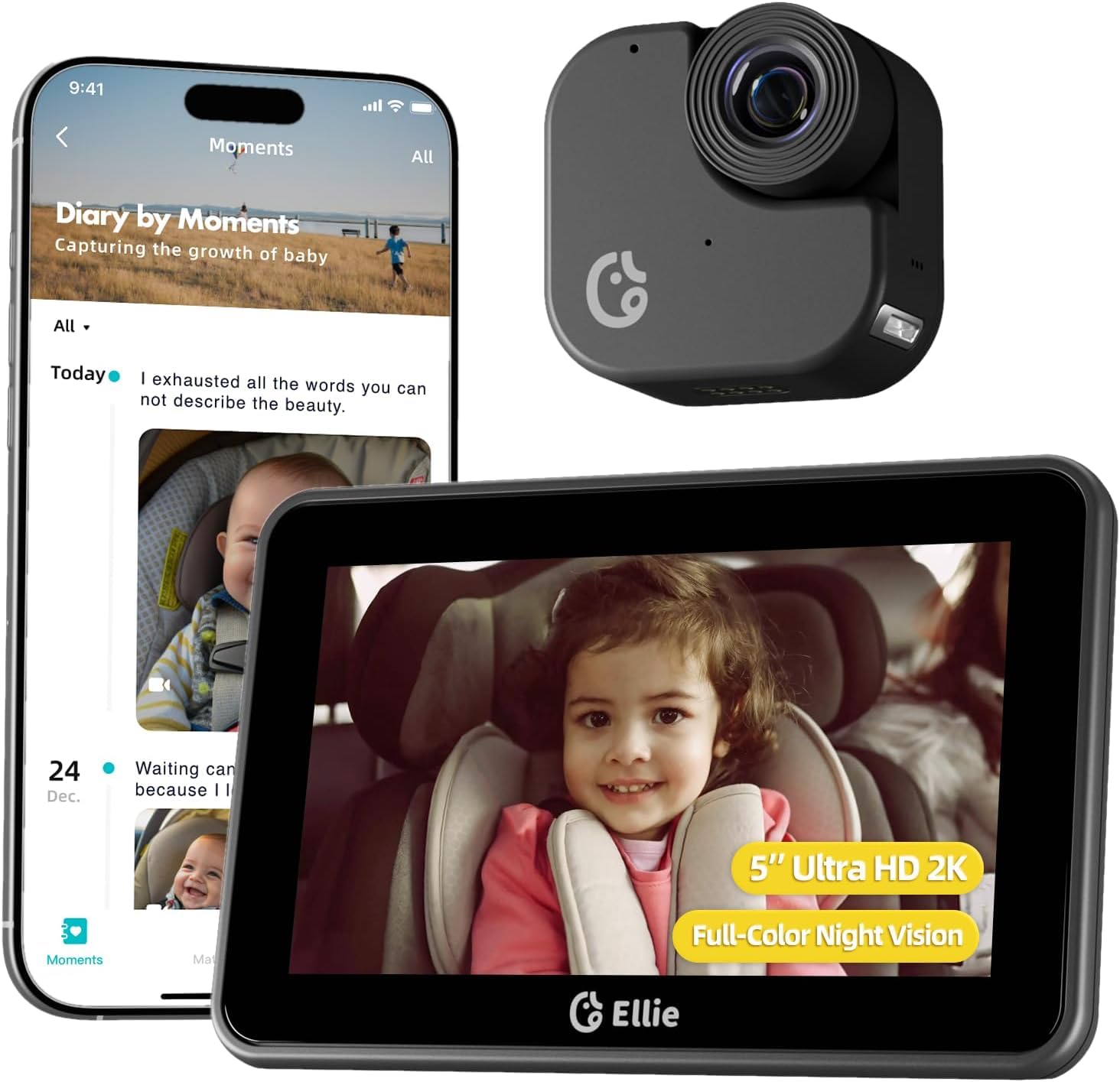 Photo 1 of Ellie Baby Car Monitor, 2K UHD Backseat Monitor with Color Night Vision, Face Tracking, Dual Display for 2 Kids, Wide View Car Baby Camera, Smart Video Capture & App Control