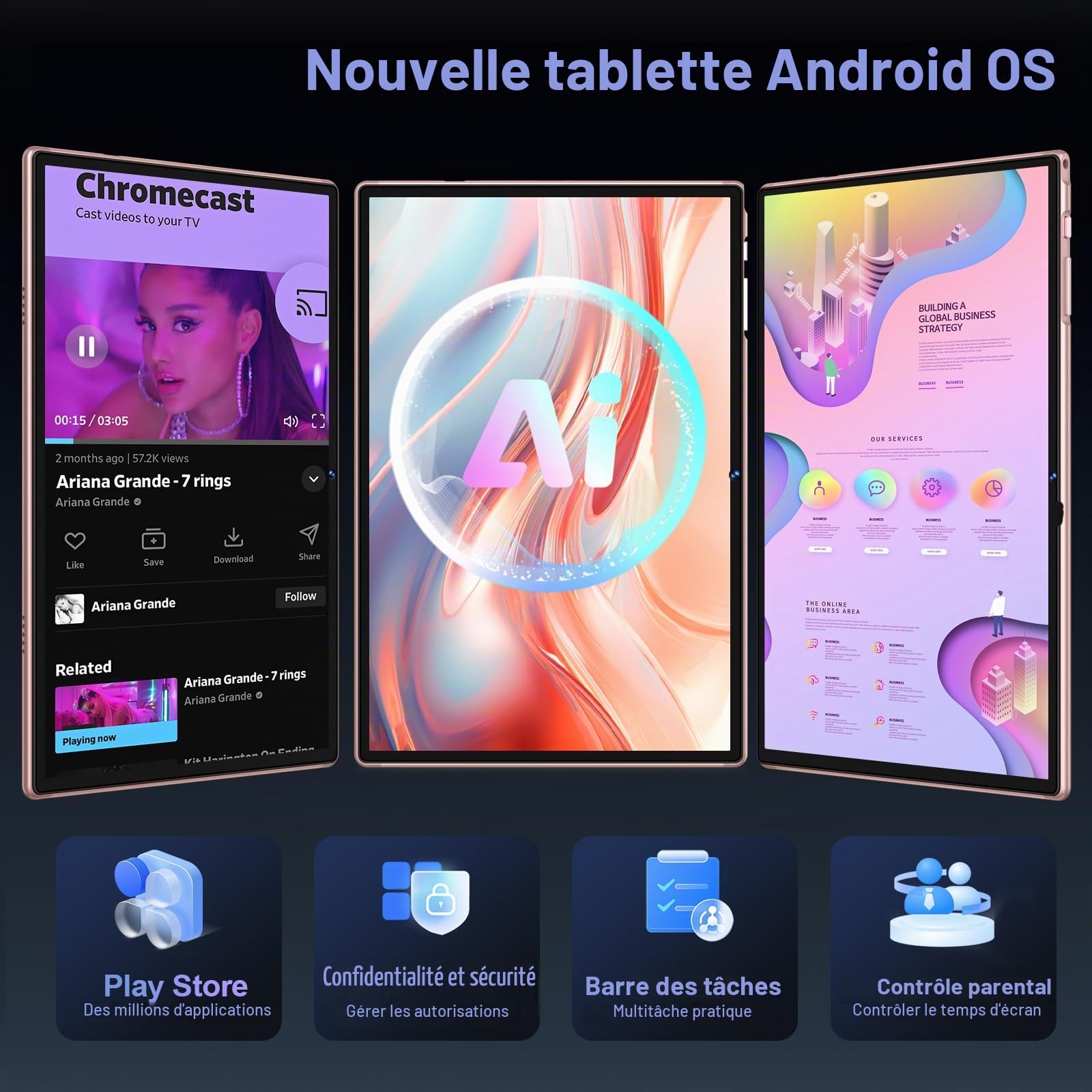 Nouvelle Tablette 10 Pouces Android Gemini AI, 22Go RAM+128Go ROM(TF/2To), Octa-Core 2.0Ghz, 5G+2.4G WiFi, 8000mAh Batterie, GMS, Widevine L1, BT 5.0, Tablettes Tactile avec Clavier Souris - Or rose