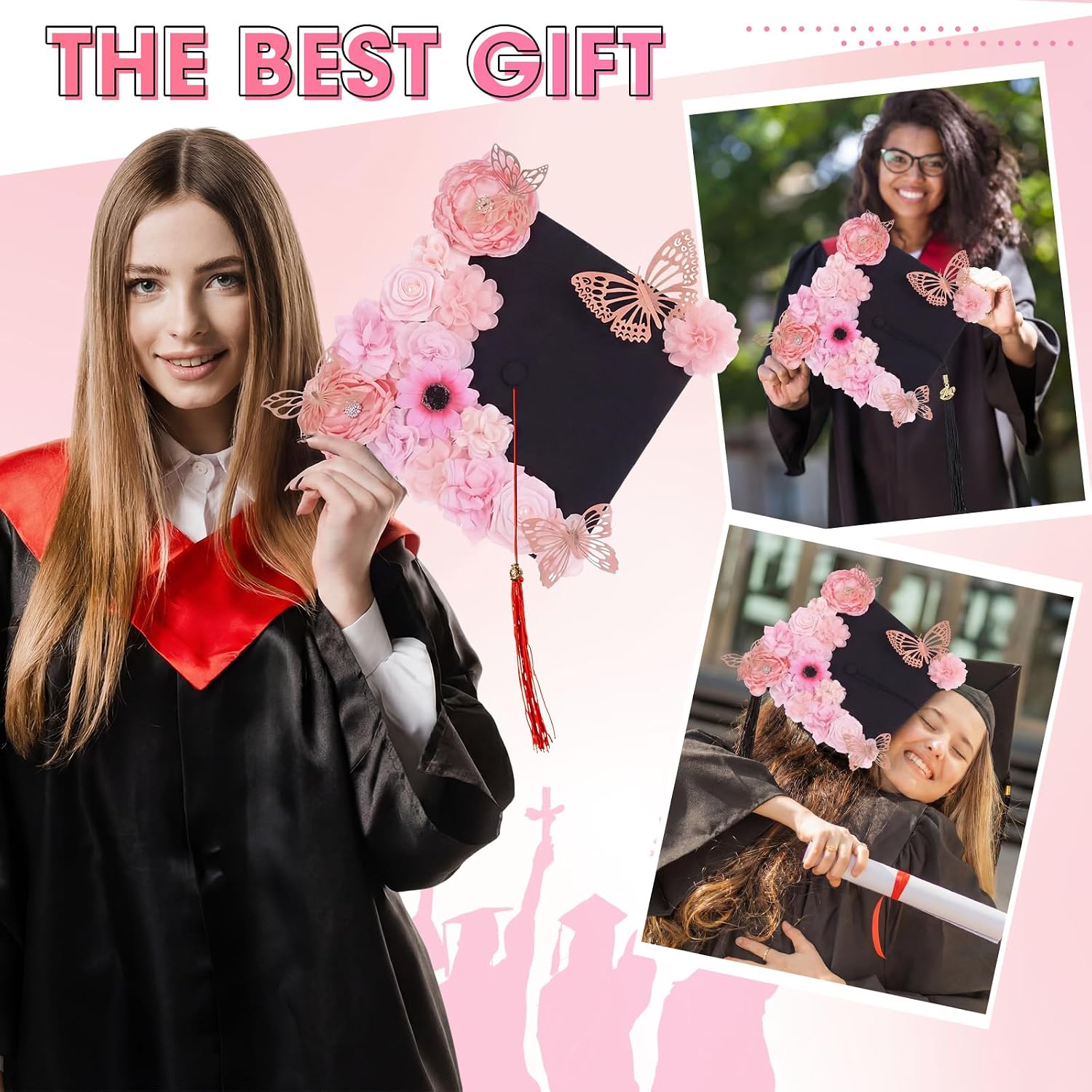Suncalla 33 Pcs DIY Graduation Cap Decorations Kit Including 21 Faux Flower Heads 12 3D Butterfly Stickers Graduation Accessory for Grad Cap Topper Craft Gift Wedding Decor(Pink Tone)