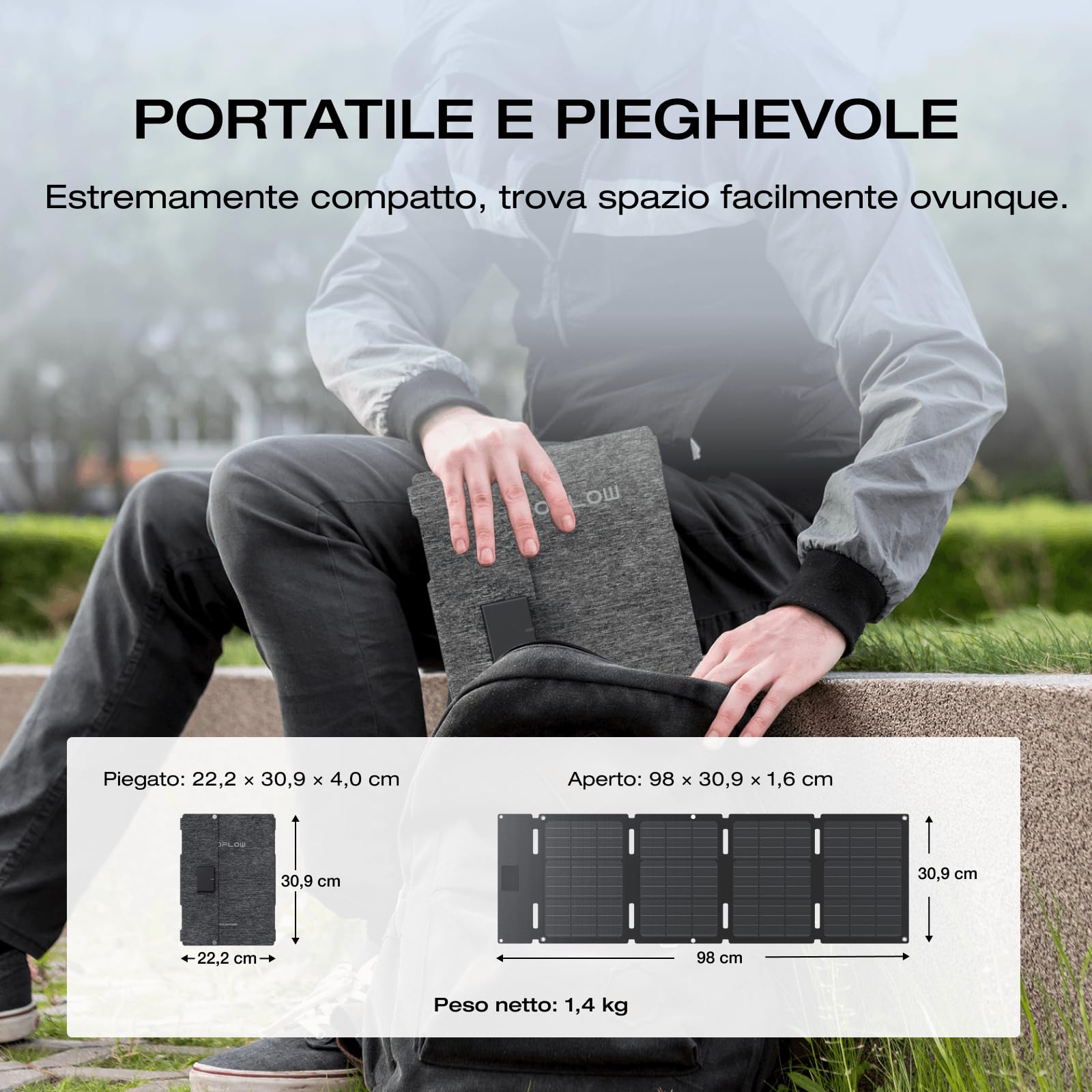 ECOFLOW Pannello solare portatile da 45 W, cella solare di tipo N con un'efficienza del 25%, grado di impermeabilità e resistenza alla polvere IP65, progettato per campeggio, zaini, minivan
