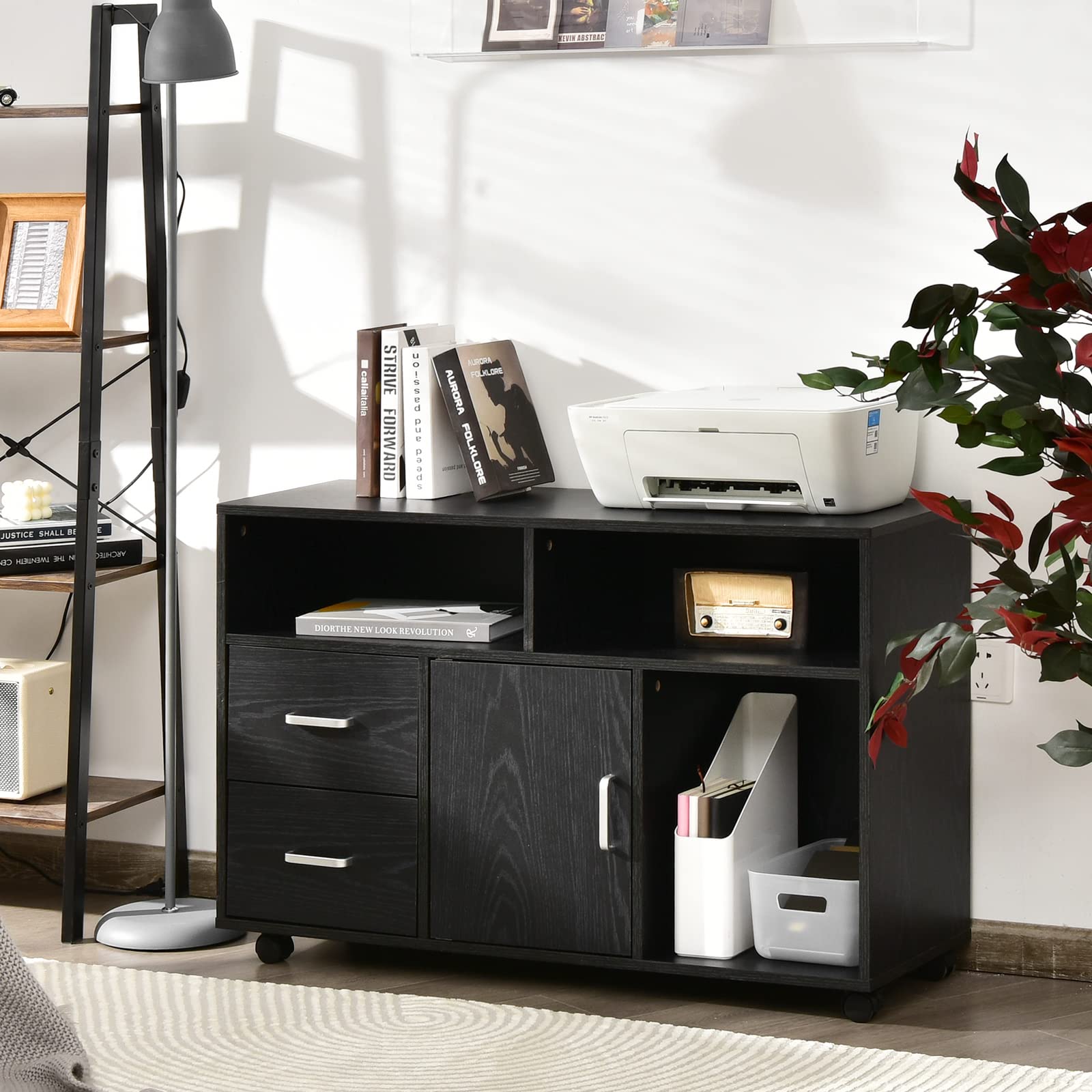 KOMFOTTEU Armadietto Portadocumenti con 5 Ruote, Schedario da Ufficio con 2 Cassetti, Armadio con Anta e 3 Scomparti, Cassettiera Scrivania per Stampante per Studio, Soggiorno, 104 x 35 x 65,5cm, Nero