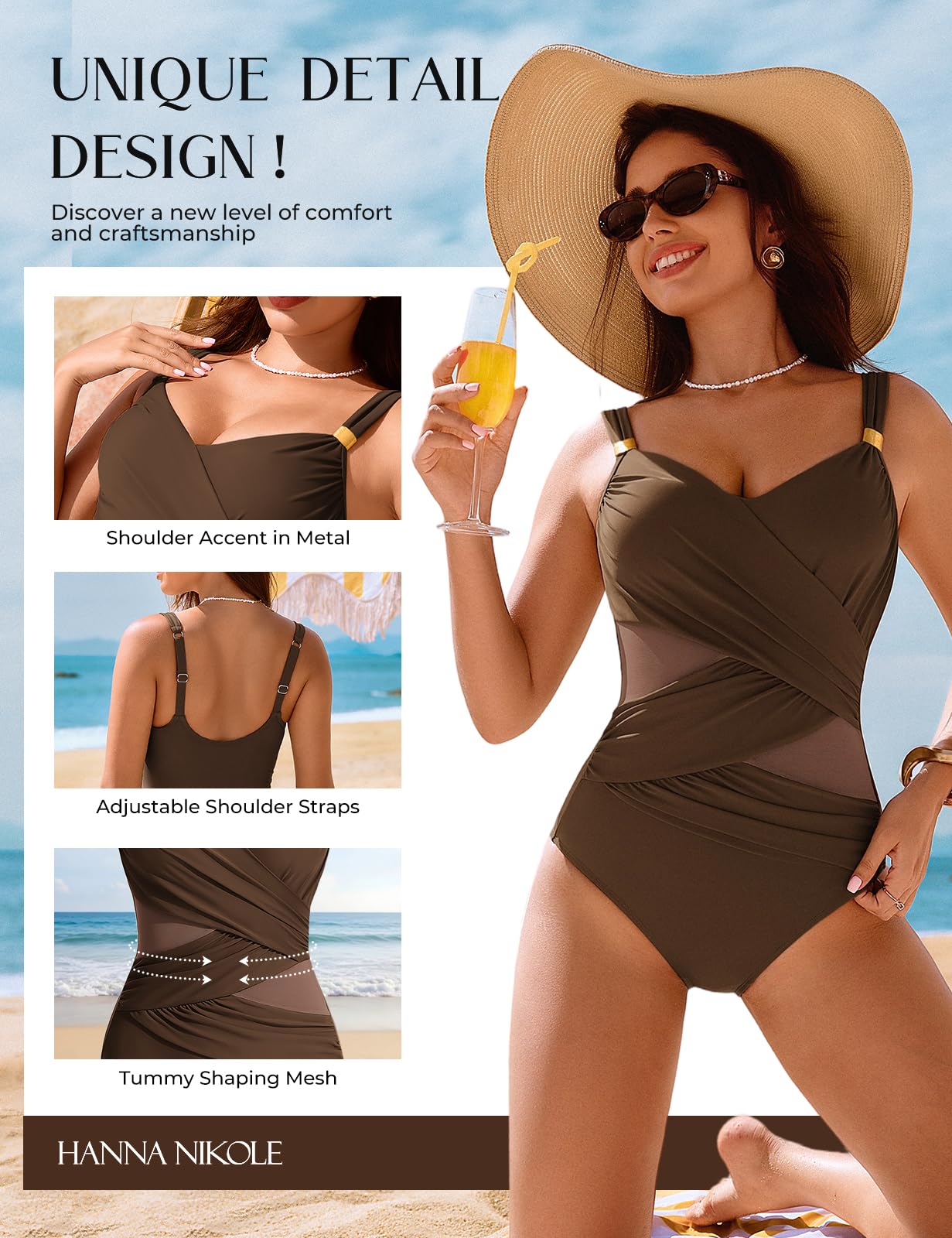 Hanna Nikole Costume da bagno da donna, con push-up, costume da bagno sexy in mesh, costume da bagno, stile snellente, scollo a V, monokini