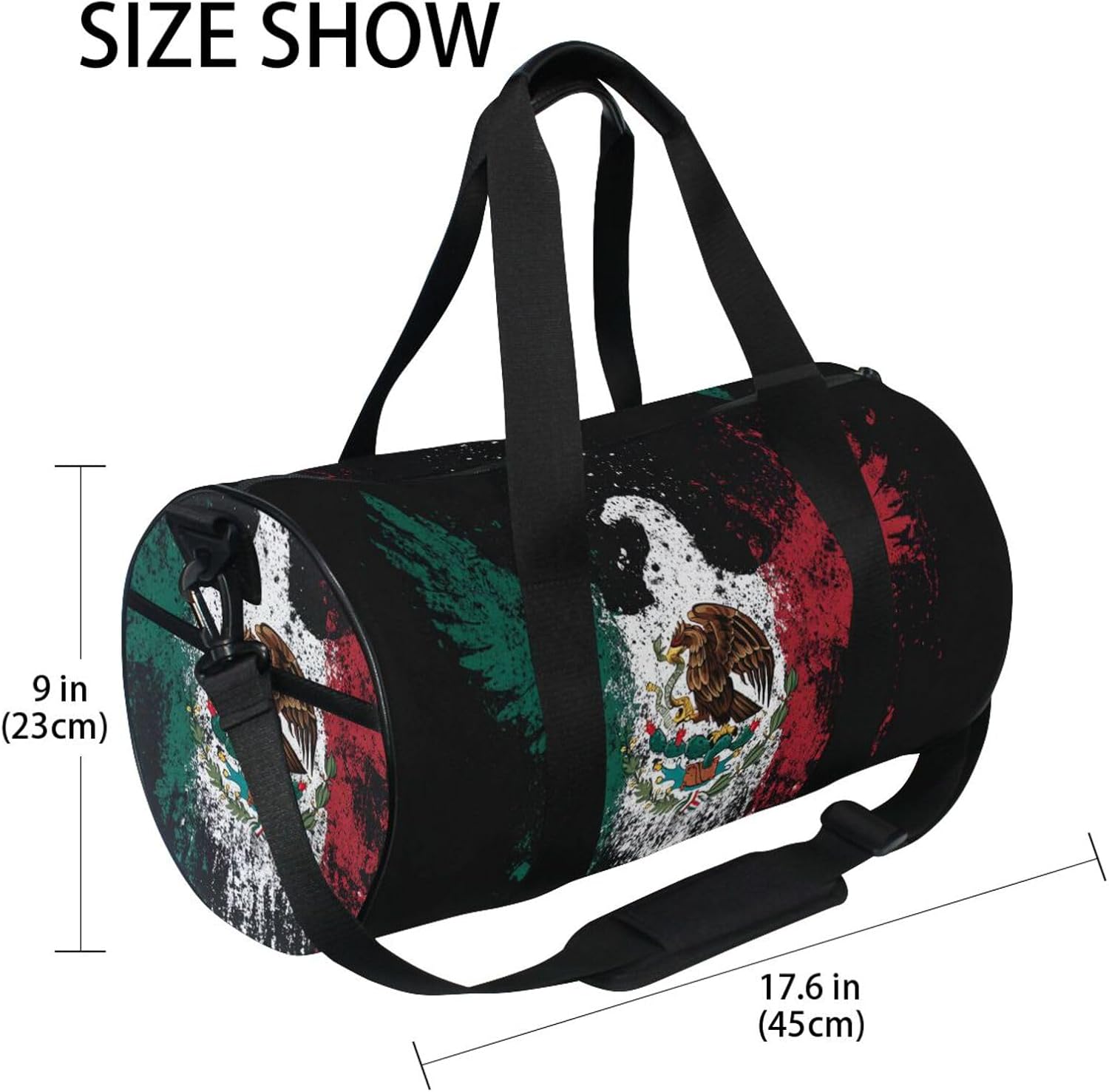 Mexico Eagle Flag Black Gym Bag for Men & Women 1 PC Foldable Barrel Duffle Bag for Women Lightweight Weekender Overnight Cylindrical Bags Carry on Tote Bags for Sports Gym Travel