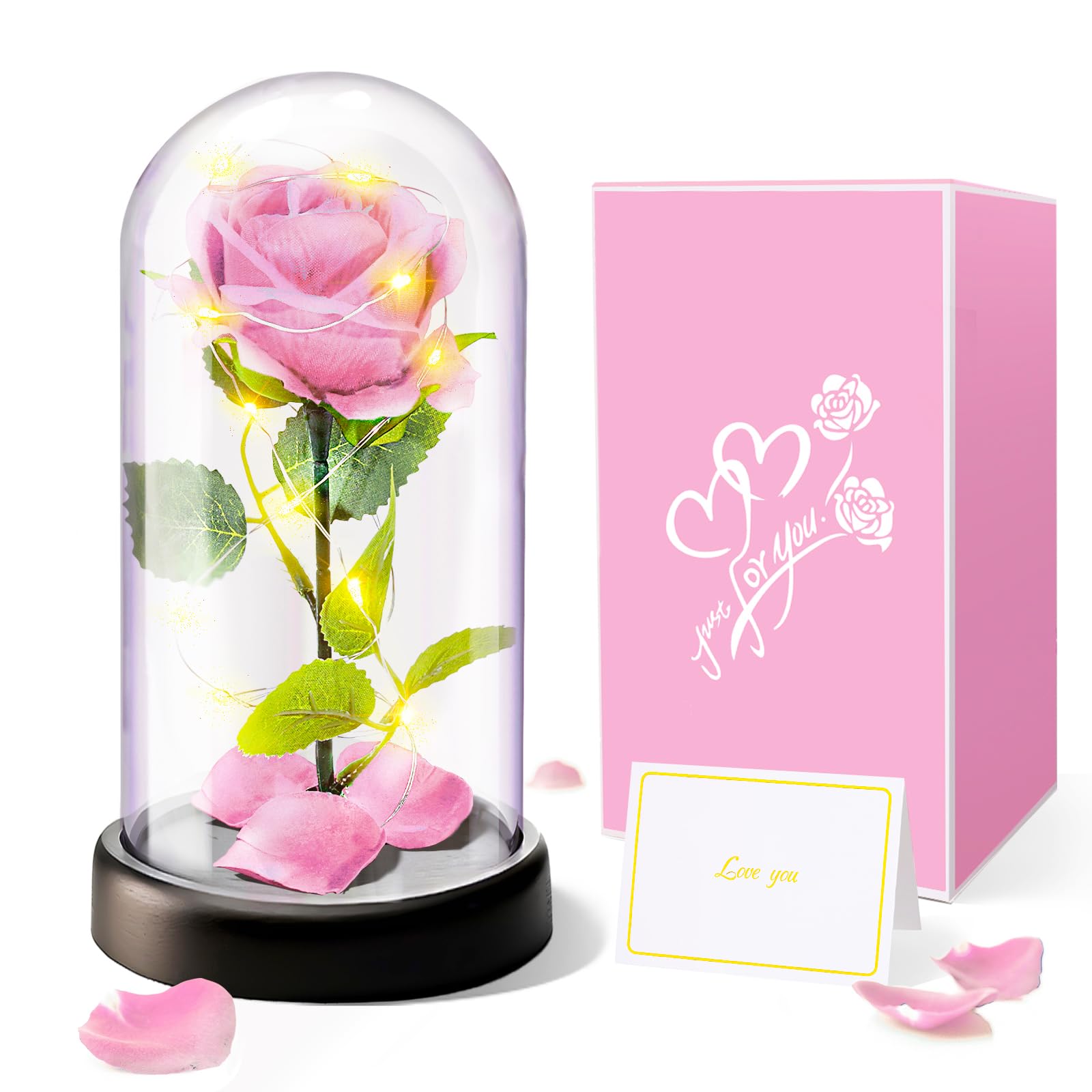 Touloube Cadeaus voor vrouwen voor Moederdag, premium rozenbloemencadeau, eeuwige roos in glas met verlichting, 1 roze roos in glazen koepel, Valentijnsdagcadeau voor vriendin, moeder, oma, oma