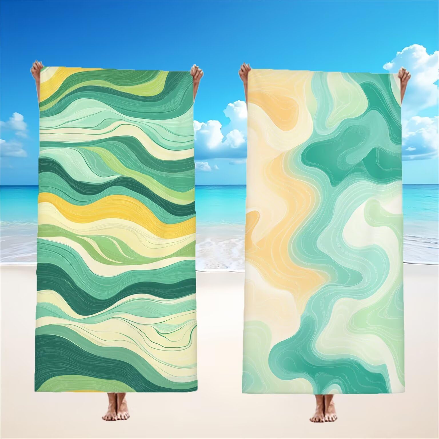 Ręcznik plażowy dla dorosłych, ręcznik z mikrofibry, fala, zielony ręcznik kąpielowy, 100 x 200 cm, duży, unikalny zatrzask, chłonny, supermiękki, szybkoschnący, odporny na piasek, lekki, do pływania