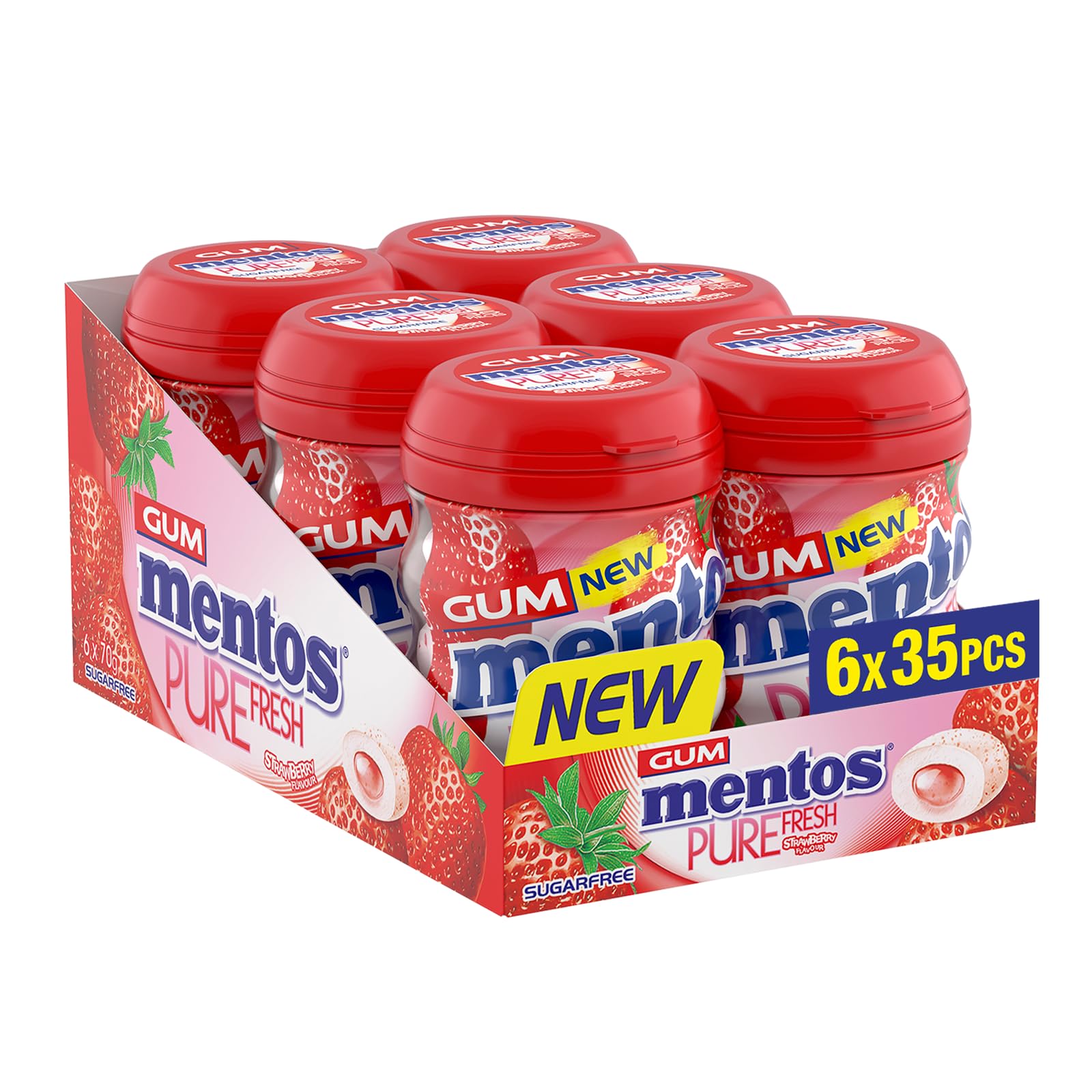 Mentos Pure Fresh Strawberry Chewing Gum 35 Pieces – Sugar-Free, Refreshing, Strawberry Flavor, Gluten-Free, with Xylitol, 90 g (Pack of 6)