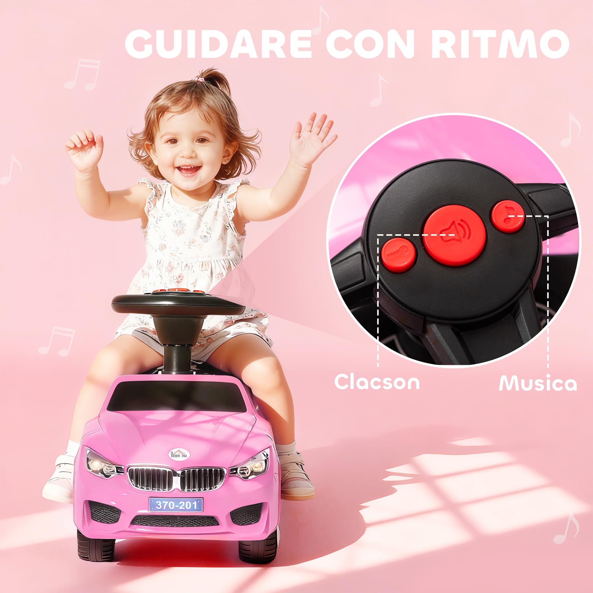 HOMCOM Coche Correpasillos para Niños de 18-36 Meses Andador Correpasillos con Faros Música Bocina Volante Espacio de Almacenaje y Asa para Empujar 63,5x28x36 cm Rosa