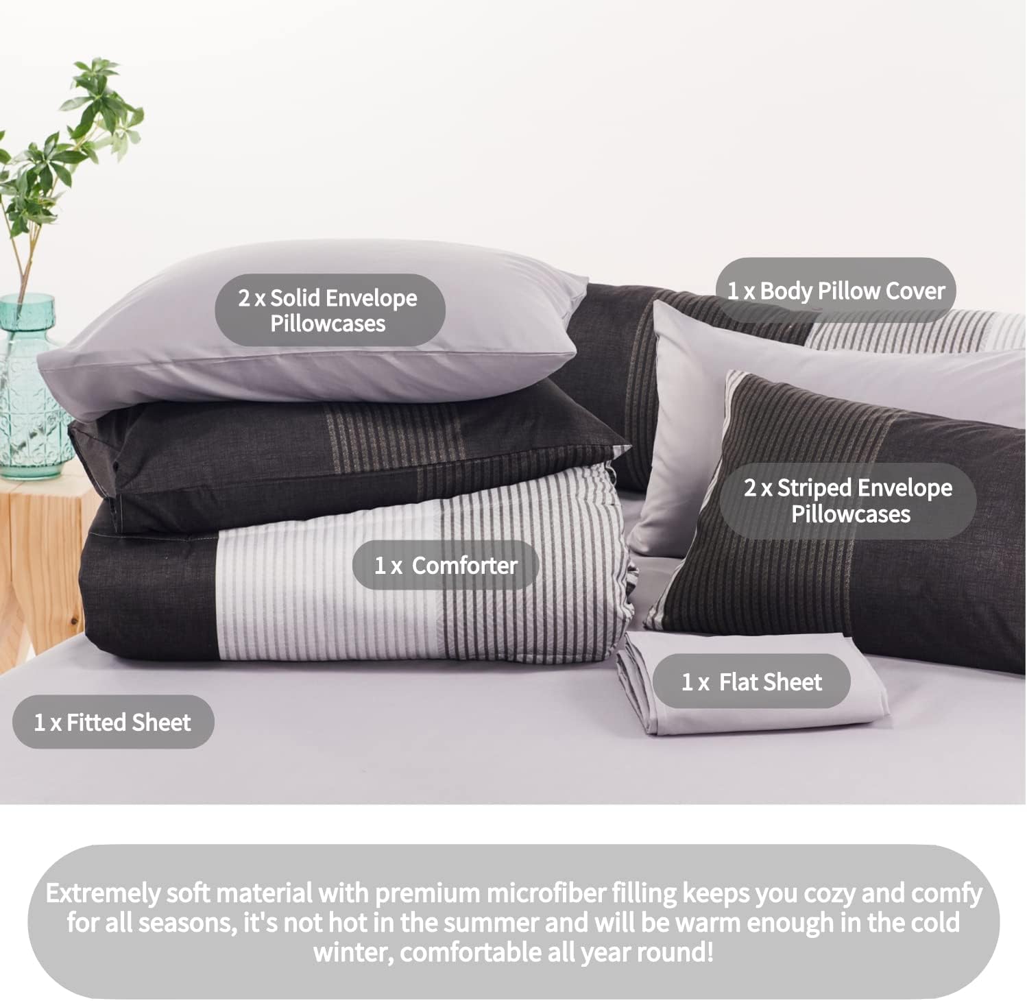 RYNGHIPY 8Pcs Revsible Grey Black Striped Down Alternative Comforter Bedding Collections, Lightweight All Season Striped Bedding Comforters Sets for Full Bed (Full,Grey Black) - Image 4