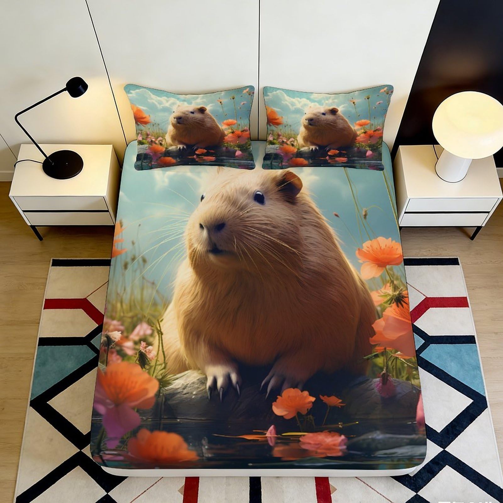 Jqzkxnhpbr Style-10 3D Printed Capybara Meadow Fitted Sheet Microfiber Soft Anti-Slip Autumn Flowers Mattress Cover Bedroom Decor 90X200x25cm