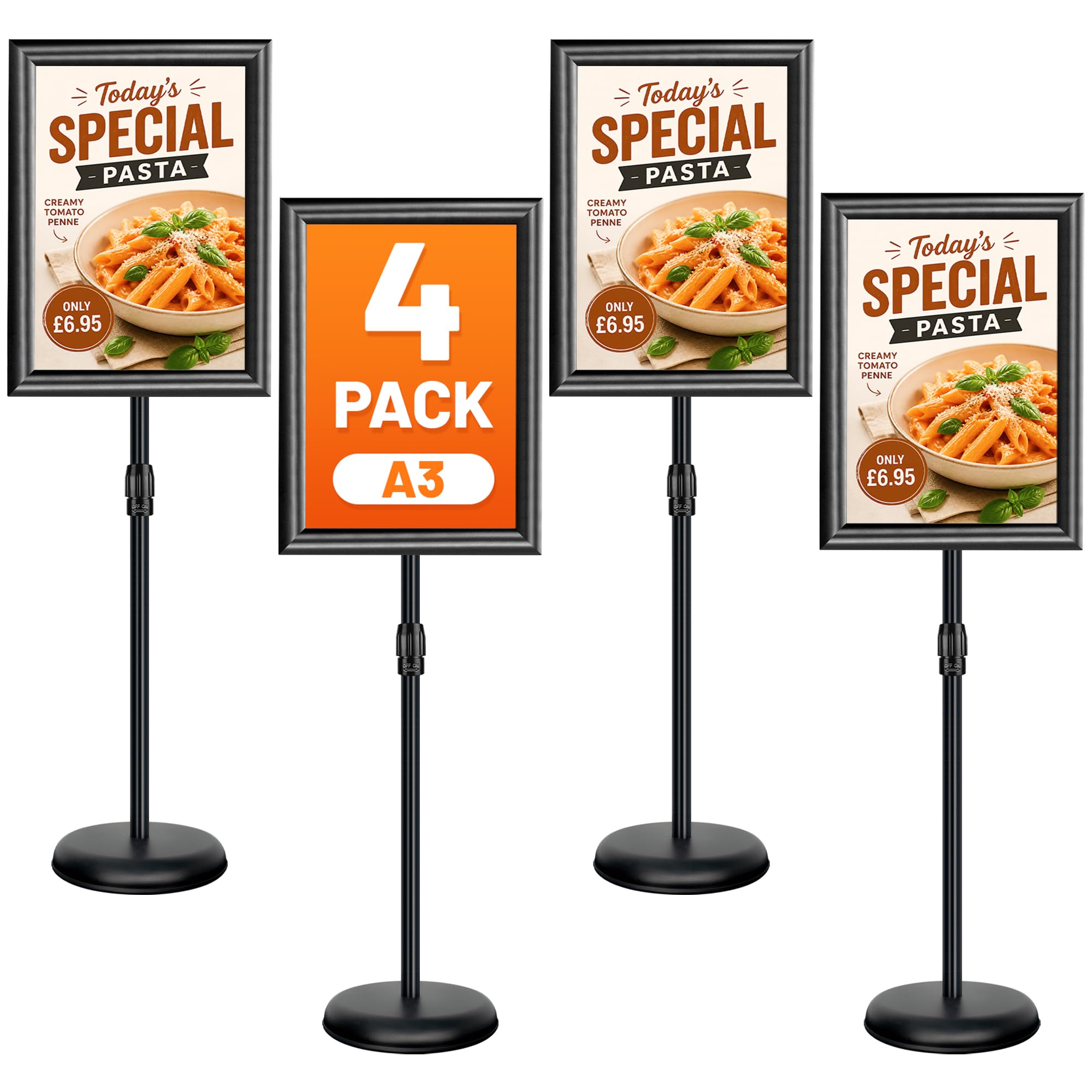 A3 Sign Stand 4Pack Adjustable Poster Stand, Aluminium Sign Holder Floor Standing for Display Advertising, Signage, Menu, Poster, Notice - Display Holders for Restaurant/Business/Wedding/Event, Black