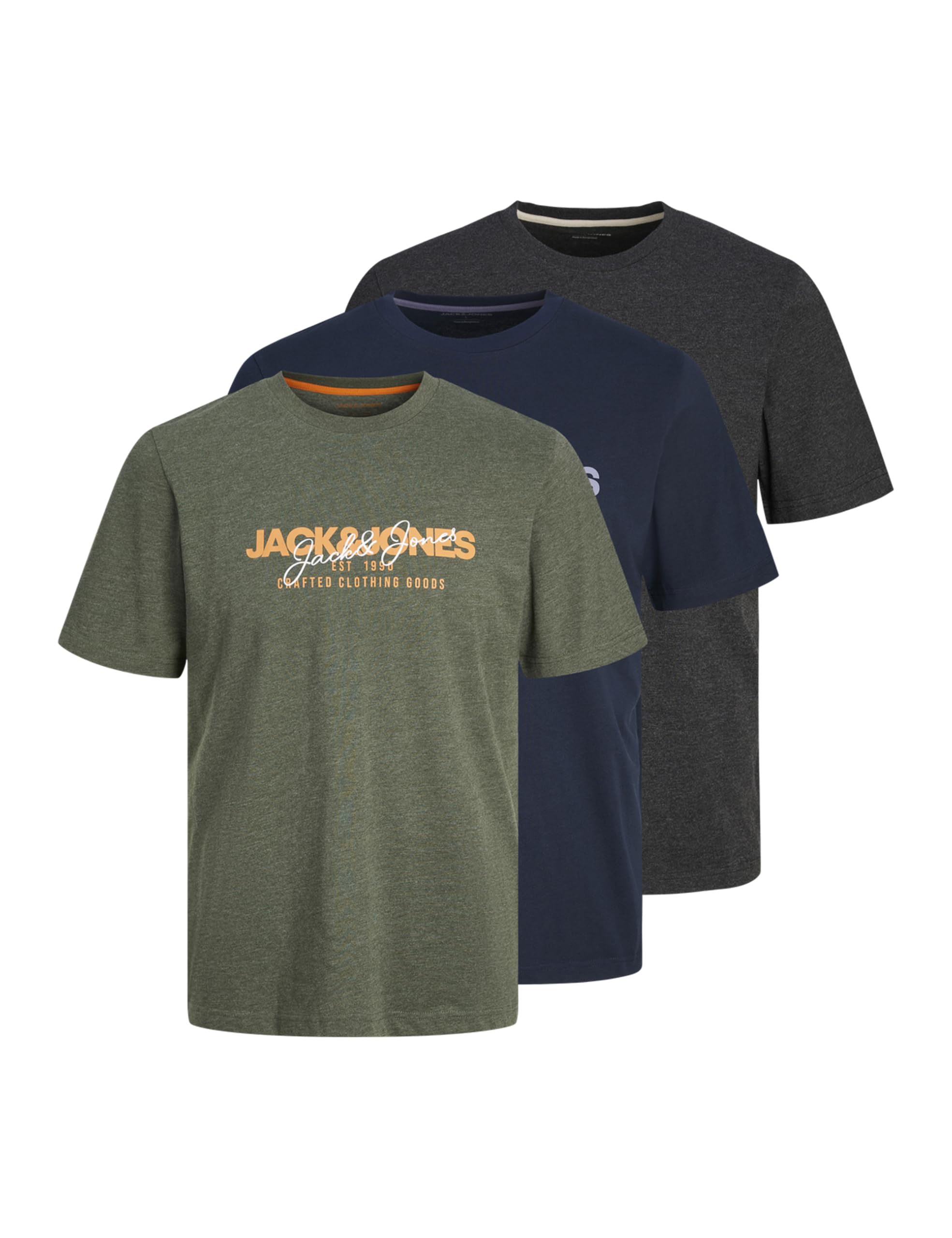 JACK & JONES Men's 3 Pack Crew Neck T-Shirts, JJALVIS Regular Fit Cotton Short Sleeve Tees, Kombu Green, Style 12267674, UK Size - S
