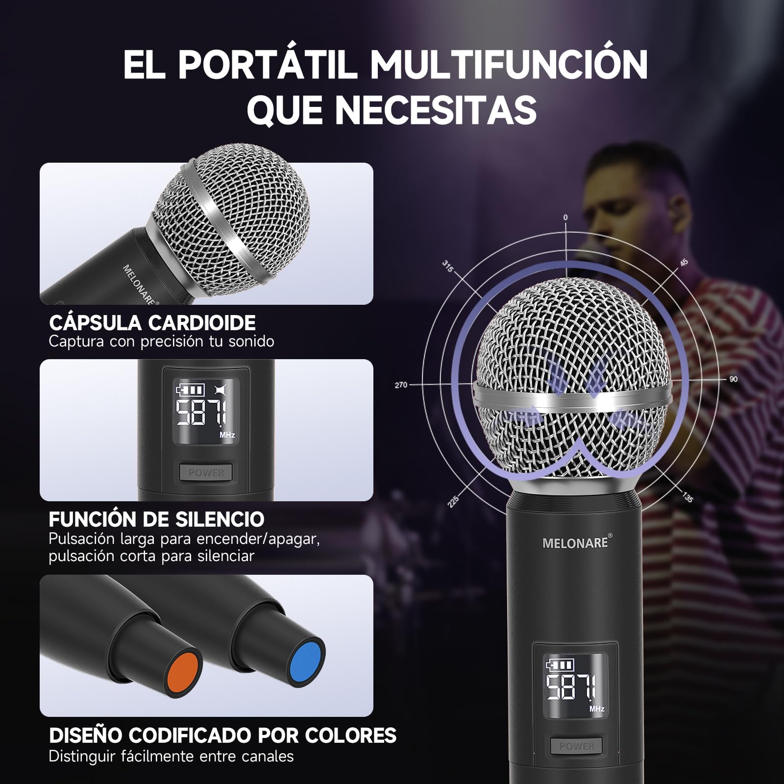 MELONARE Sistema Micrófono Inalámbrico UHF Dual Auto Scan MWU-20-2H | 2 micrófonos dinámicos de mano, 2 x 100 frecuencias, rango de 79 metros, canto, karaoke, iglesia y sets DJ