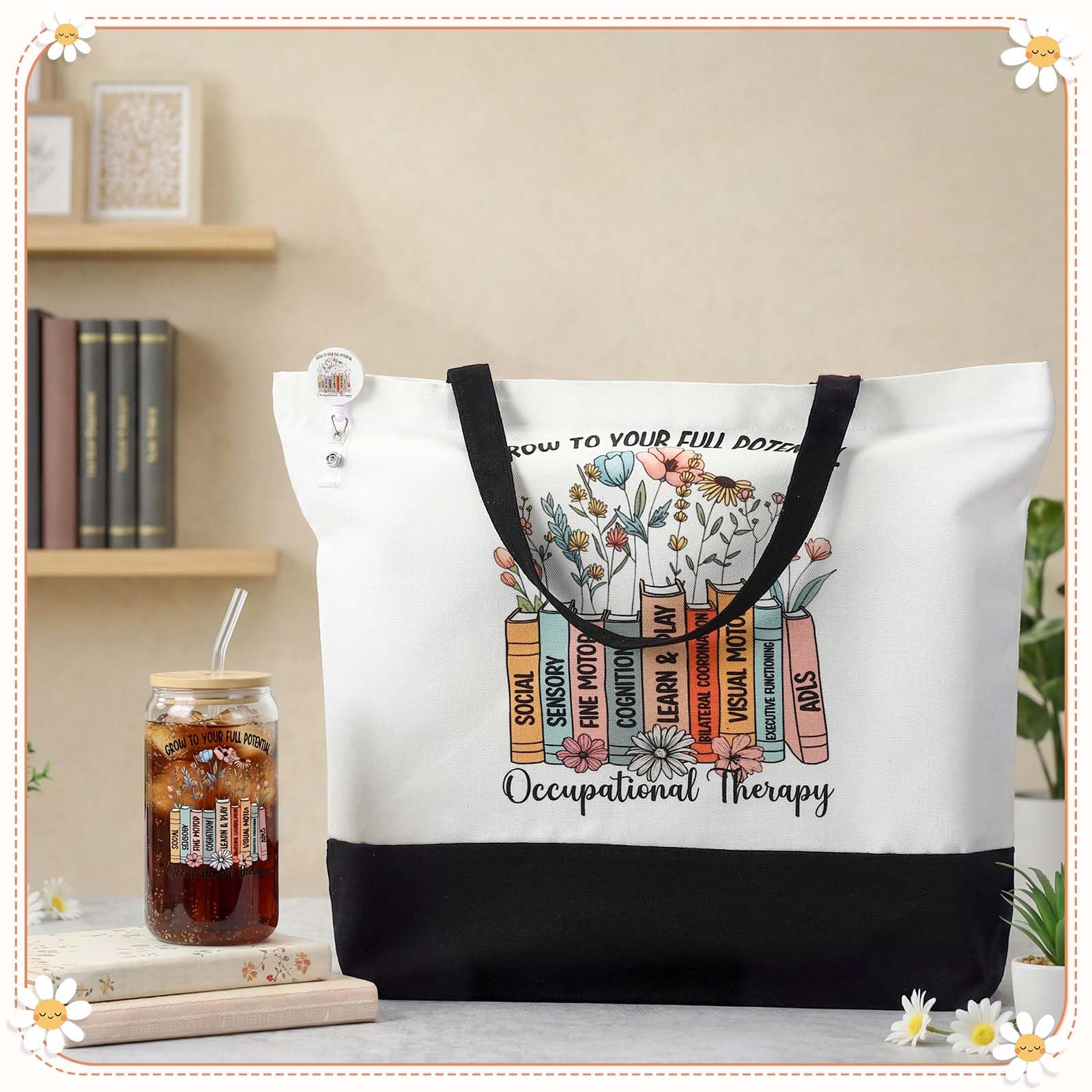 Vesici 3 Pcs Occupational Therapist Appreciation Gifts for Women, 16 oz Glass Cup Large Canvas Tote Bag with Retractable Badge Reel Occupational Therapist Week Gifts