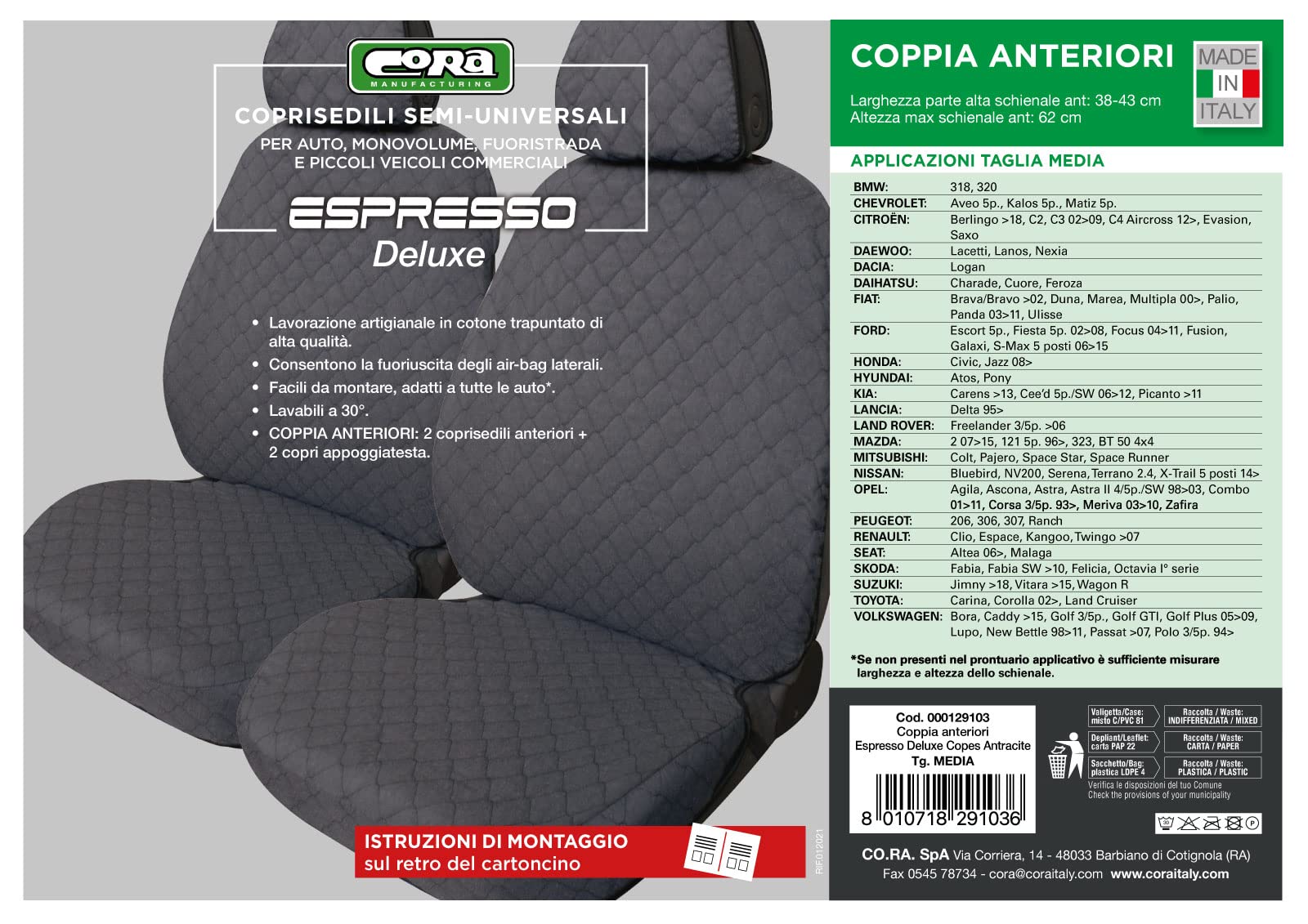 Cora 000129103 Espresso Deluxe pokrowce na siedzenia samochodowe, średniej wielkości, antracyt