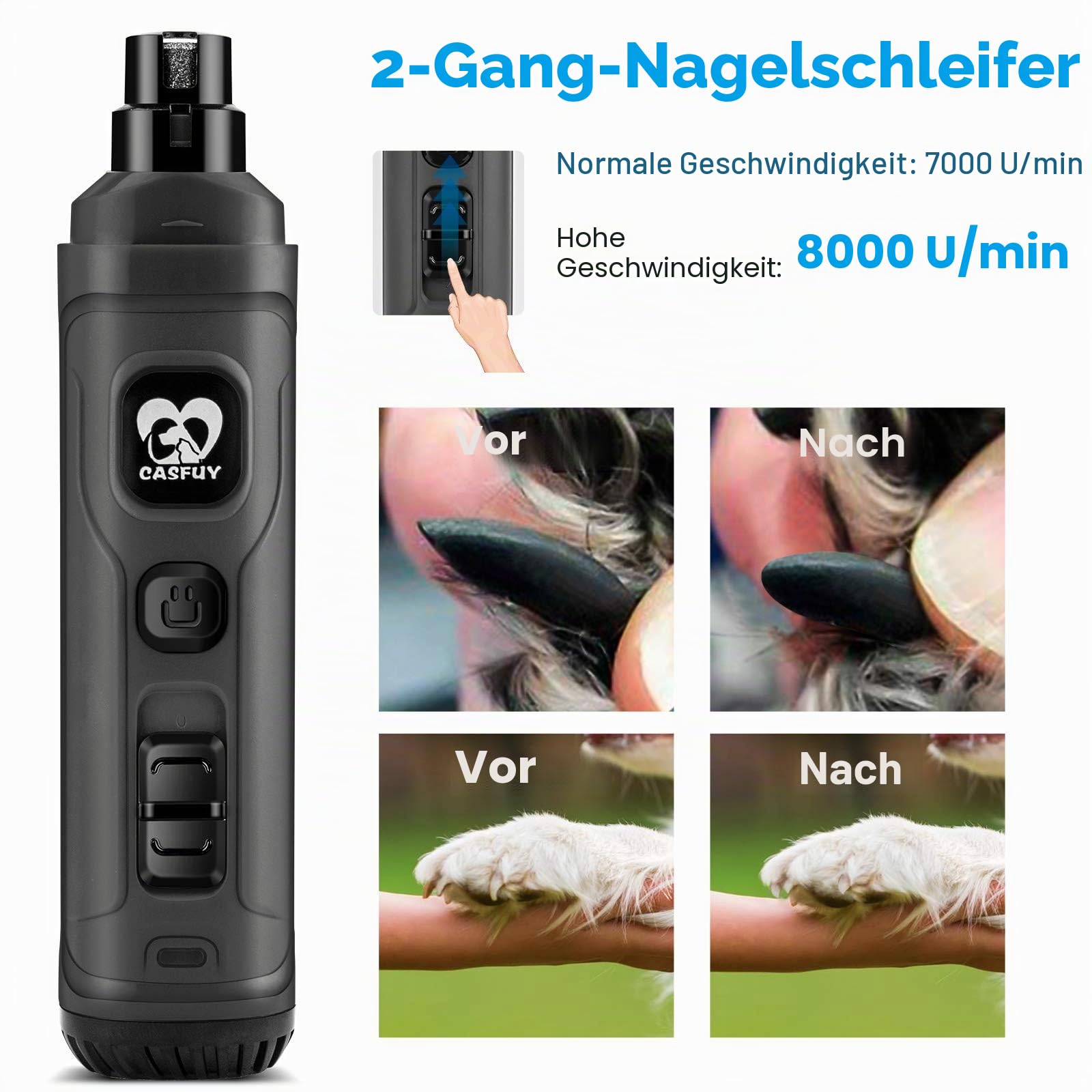 Casfuy Krallenschleifer für Hunde mit 2 LED-Leuchten – 2 Geschwindigkeiten, leiser, leistungsstarker elektrischer Krallenschneider für kleine, mittelgroße Hunde und Katzen