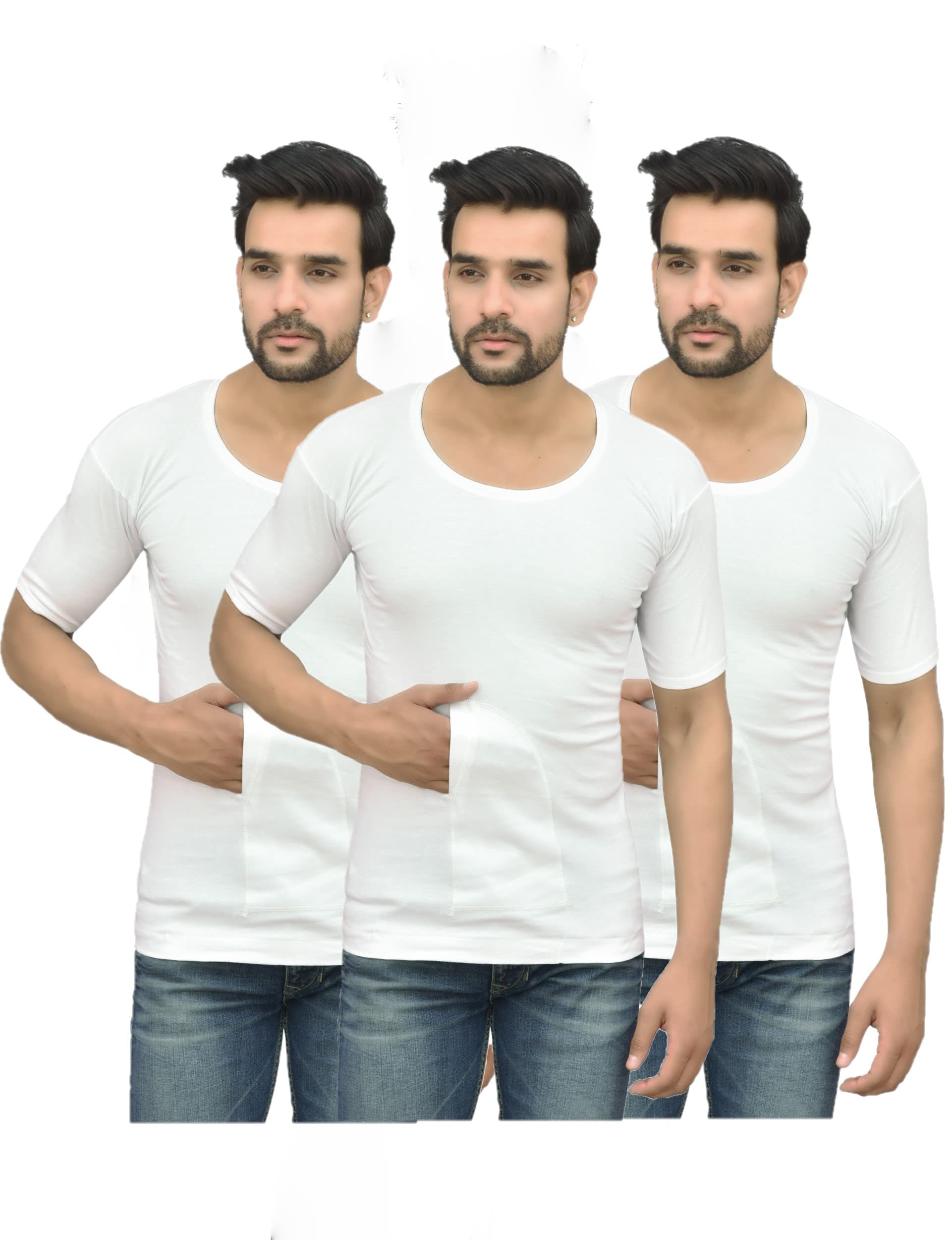 underloop White Interlock Cotton Pocket Vest for Men (Pack of 3)-picture-17